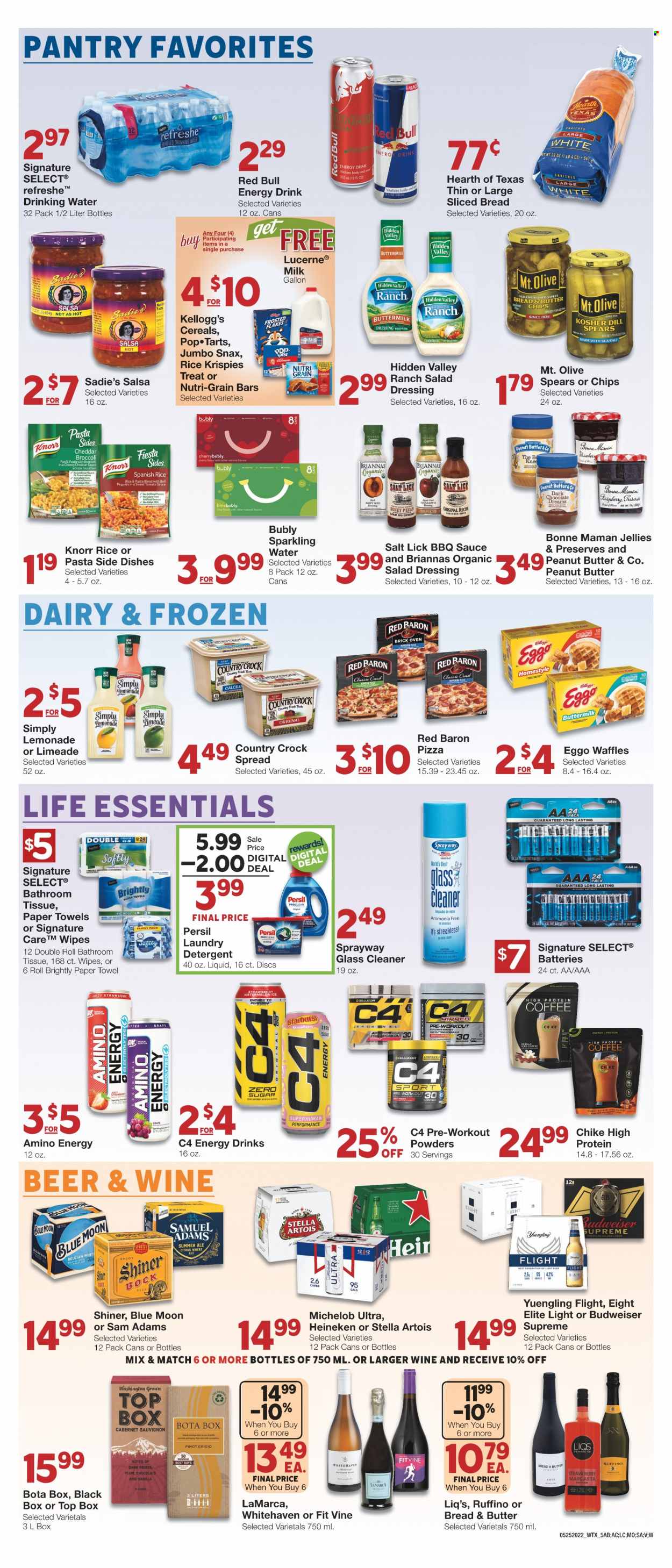 thumbnail - United Supermarkets Flyer - 05/25/2022 - 05/31/2022 - Sales products - waffles, pizza, Knorr, milk, Red Baron, Kellogg's, cereals, Rice Krispies, Nutri-Grain, BBQ sauce, salad dressing, dressing, salsa, peanut butter, lemonade, energy drink, Red Bull, sparkling water, beer, Heineken, wipes, bath tissue, kitchen towels, paper towels, detergent, cleaner, glass cleaner, Persil, laundry detergent, battery, salt lick, Budweiser, Stella Artois, Blue Moon, Yuengling, Michelob. Page 5.