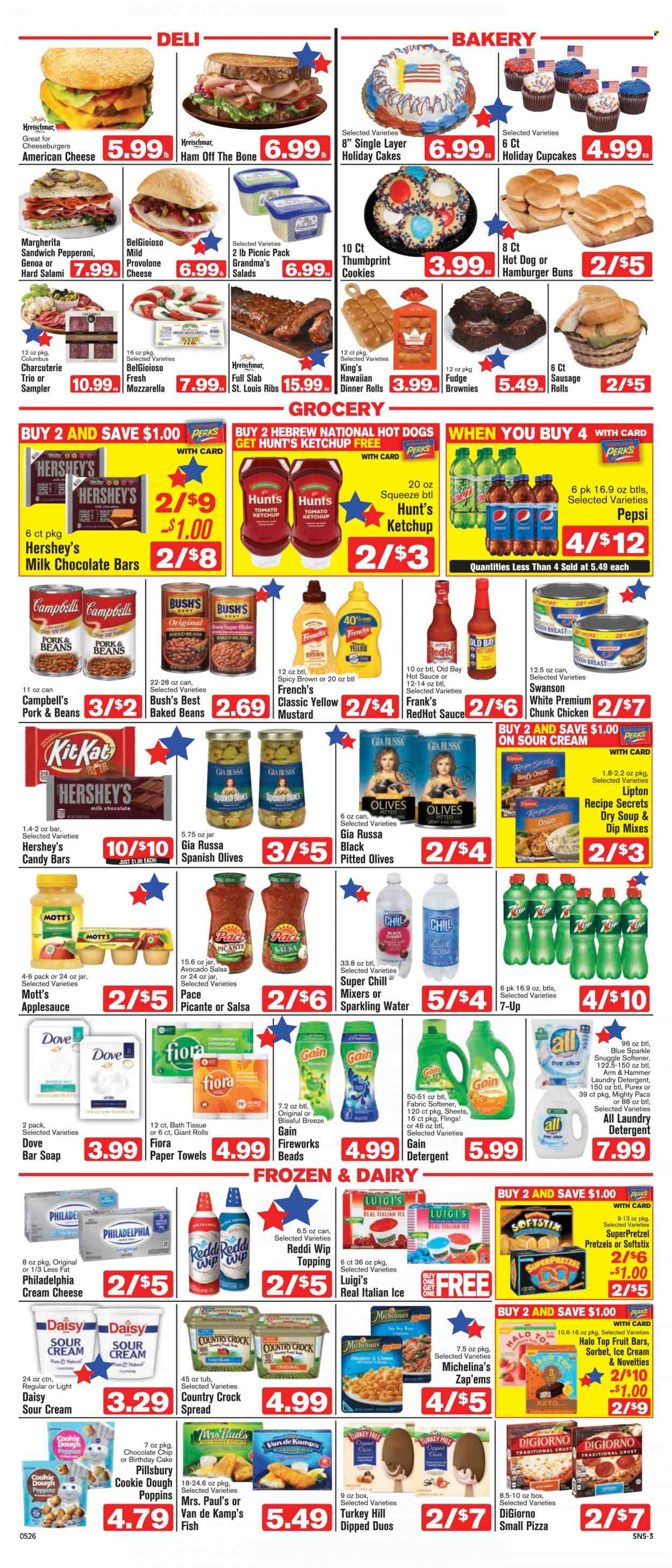 thumbnail - Shop ‘n Save Flyer - 05/26/2022 - 06/01/2022 - Sales products - pretzels, cake, dinner rolls, buns, burger buns, cupcake, brownies, beans, cherries, Mott's, fish, Van de Kamp's, Campbell's, hot dog, pizza, sandwich, soup, Pillsbury, salami, ham, ham off the bone, sausage, pepperoni, american cheese, cream cheese, Philadelphia, Provolone, sour cream, ice cream, Hershey's, SuperPretzel, cookie dough, cookies, milk chocolate, KitKat, chocolate bar, ARM & HAMMER, cane sugar, topping, olives, baked beans, rice, mustard, hot sauce, ketchup, salsa, apple sauce, Pepsi, Lipton, 7UP, Club Soda, sparkling water, bath tissue, kitchen towels, paper towels, detergent, Gain, Snuggle, fabric softener, laundry detergent, Gain Fireworks, Purex, Dove, soap bar, soap, calcium. Page 3.