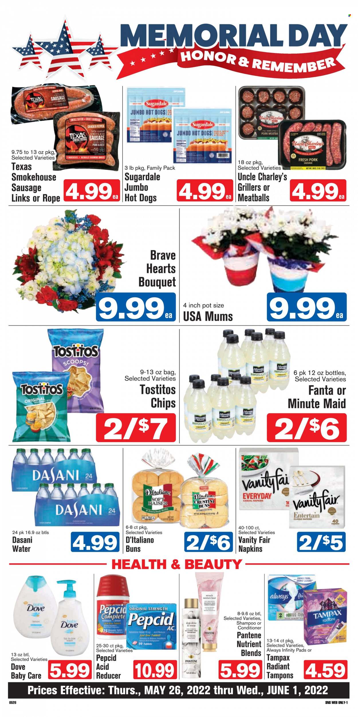 thumbnail - Shop ‘n Save Flyer - 05/26/2022 - 06/01/2022 - Sales products - buns, hot dog, meatballs, Sugardale, sausage, smoked sausage, chips, Tostitos, lemonade, Fanta, fruit punch, purified water, napkins, Dove, shampoo, conditioner, Pantene, body lotion, Pepcid, Antacid. Page 5.