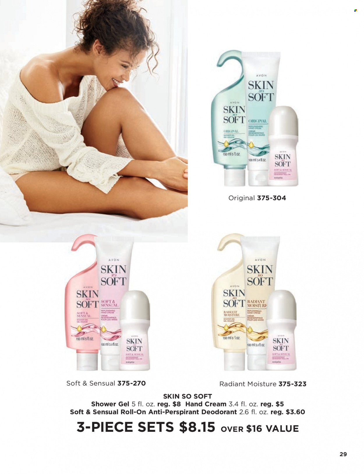 thumbnail - Avon Flyer - 05/25/2022 - 06/07/2022 - Sales products - shower gel, Avon, Skin So Soft, hand cream, anti-perspirant, roll-on, deodorant. Page 29.
