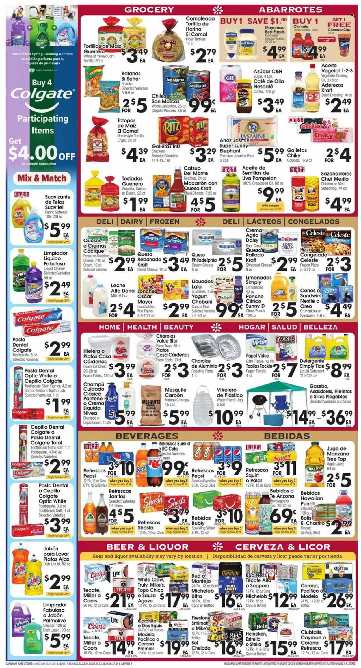 thumbnail - Cardenas Flyer - 05/25/2022 - 05/31/2022 - Sales products - tostadas, Ace, flour tortillas, jalapeño, pizza, sandwich, pasta, Lunchables, Kraft®, Oscar Mayer, shredded cheese, sliced cheese, Philadelphia, Oreo, yoghurt, Chobani, milk, sour cream, mayonnaise, Celeste, cookies, Nestlé, snack, crackers, RITZ, tortilla chips, sugar, rice, jasmine rice, spice, salad dressing, ketchup, dressing, grape seed oil, cooking oil, apple juice, Pepsi, juice, Clamato, AriZona, fruit punch, smoothie, sparkling water, green tea, tea, coffee, Nescafé, red wine, wine, Smirnoff, liquor, White Claw, TRULY, beer, Corona Extra, Heineken, Miller, Sol, Modelo, bath tissue, kitchen towels, paper towels, detergent, cleaner, liquid cleaner, Ajax, Fabuloso, Tide, fabric softener, liquid detergent, dishwashing liquid, shampoo, Palmolive, Colgate, toothbrush, toothpaste, Nivea, Pantene, plate, cup, foam plates, Coors, Dos Equis, Michelob. Page 2.