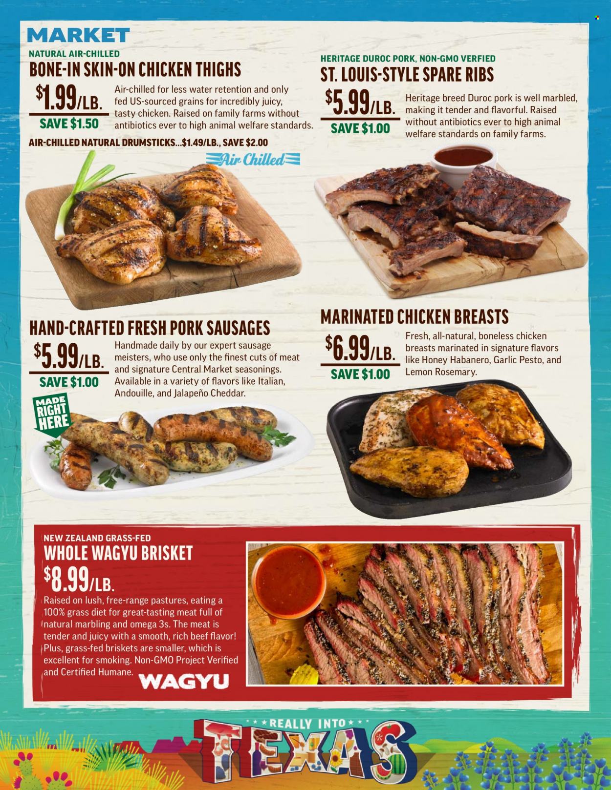 thumbnail - Central Market Flyer - 05/25/2022 - 05/31/2022 - Sales products - garlic, jalapeño, sausage, cheddar, cheese, rosemary, pesto, honey, chicken breasts, chicken thighs, marinated chicken, pork spare ribs. Page 4.