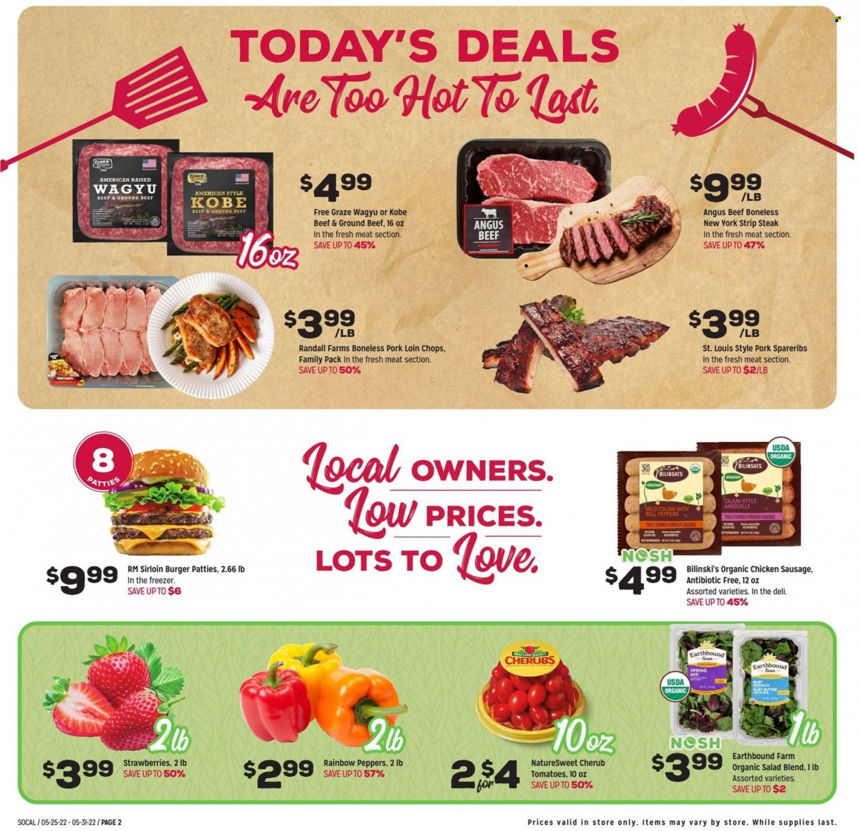 thumbnail - Grocery Outlet Flyer - 05/25/2022 - 05/31/2022 - Sales products - bell peppers, butter lettuce, spinach, lettuce, salad, strawberries, hamburger, chicken sausage, Graze, beef meat, ground beef, steak, striploin steak, burger patties, pork chops, pork loin, pork meat, pork spare ribs. Page 2.