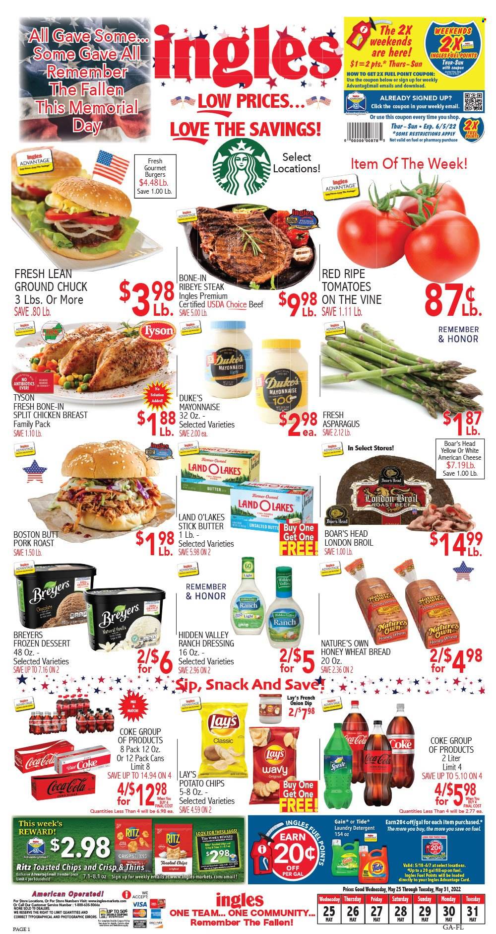 thumbnail - Ingles Flyer - 05/25/2022 - 05/31/2022 - Sales products - wheat bread, asparagus, tomatoes, hamburger, american cheese, butter, mayonnaise, ranch dressing, dip, chocolate, snack, RITZ, potato chips, Lay’s, Thins, dressing, Coca-Cola, Sprite, chicken breasts, beef meat, beef steak, ground chuck, steak, roast beef, bone-in ribeye, ribeye steak, pork meat, pork roast, detergent, Gain, Tide, laundry detergent, Nature's Own. Page 1.