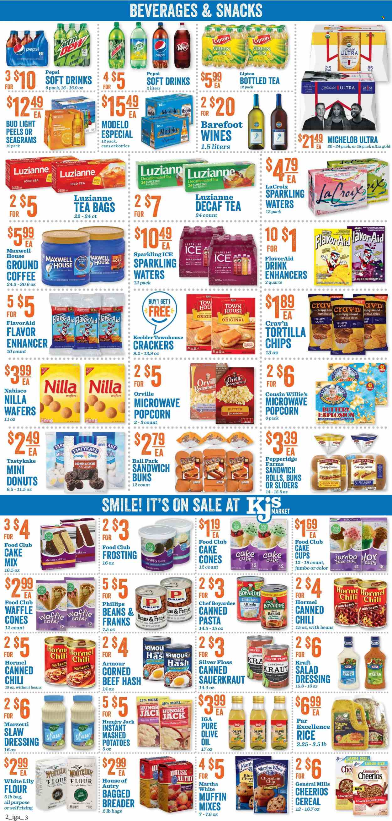 thumbnail - KJ´s Market Flyer - 05/25/2022 - 05/31/2022 - Sales products - buns, burger buns, sandwich rolls, donut, cake mix, muffin mix, oranges, beef hash, mashed potatoes, ravioli, pasta, Alfredo sauce, Kraft®, Hormel, chicken frankfurters, corned beef, butter, cookies, milk chocolate, wafers, snack, crackers, Keebler, tortilla chips, chips, popcorn, frosting, topping, sauerkraut, Chef Boyardee, cereals, Cheerios, cinnamon, salad dressing, dressing, olive oil, oil, honey, lemonade, Pepsi, Lipton, soft drink, sparkling water, green tea, Maxwell House, tea bags, coffee, ground coffee, L'Or, beer, Bud Light, Lager, Modelo, beef meat, cup, Michelob. Page 2.