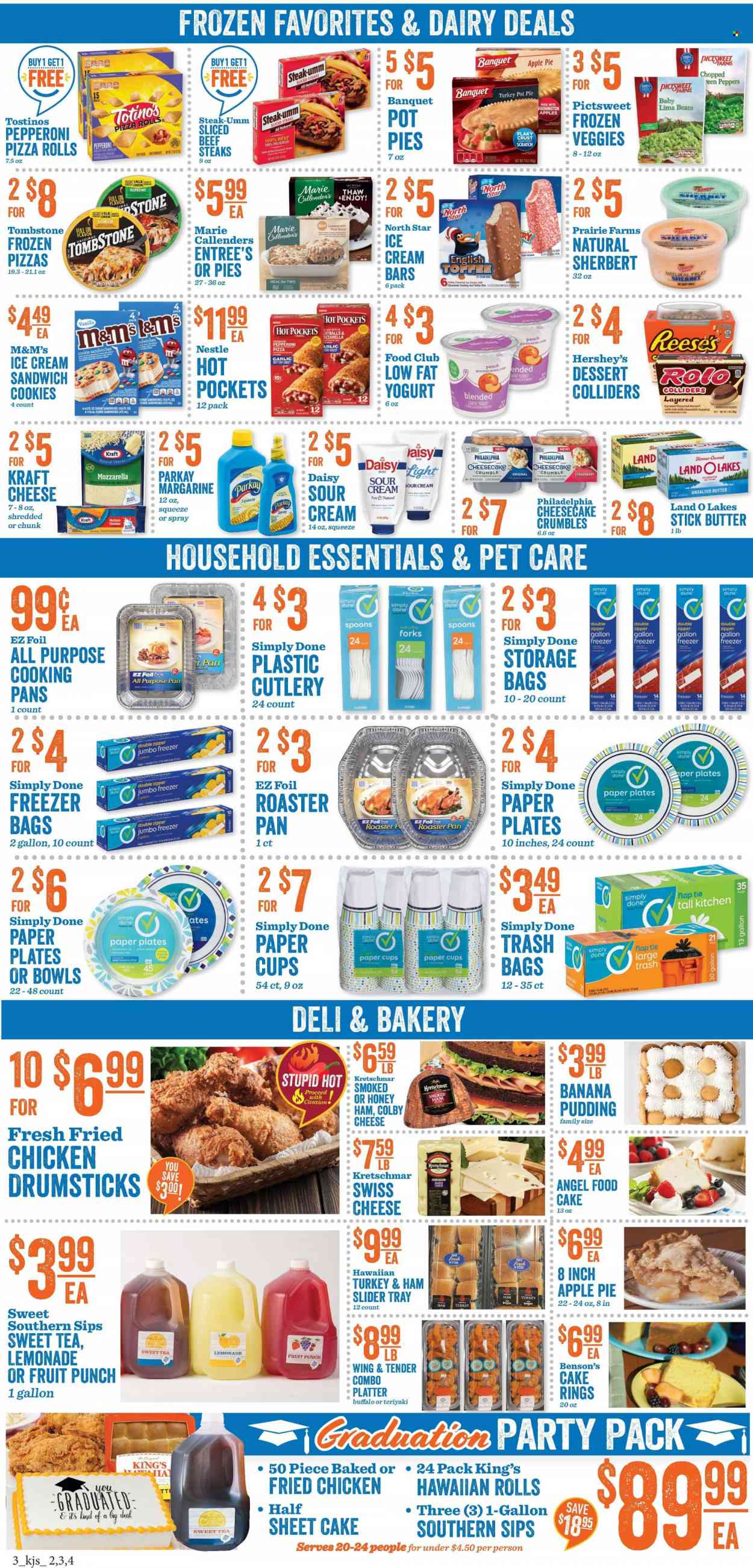 thumbnail - KJ´s Market Flyer - 05/25/2022 - 05/31/2022 - Sales products - cake, pizza rolls, apple pie, hawaiian rolls, pot pie, Angel Food, garlic, peppers, hot pocket, pizza, sauce, fried chicken, lasagna meal, Marie Callender's, Kraft®, ham, smoked ham, pepperoni, Colby cheese, swiss cheese, Philadelphia, cheddar, pudding, margarine, sour cream, ice cream, sherbet, ice cream sandwich, Reese's, Hershey's, lima beans, cookies, milk chocolate, Nestlé, sandwich cookies, M&M's, topping, caramel, lemonade, fruit punch, tea, beef meat, beef steak, steak, pork chops, pork meat, trash bags, storage bag, spoon, tray, plate, pan, cup, disposable cutlery, freezer bag, paper, paper plate, party cups. Page 3.