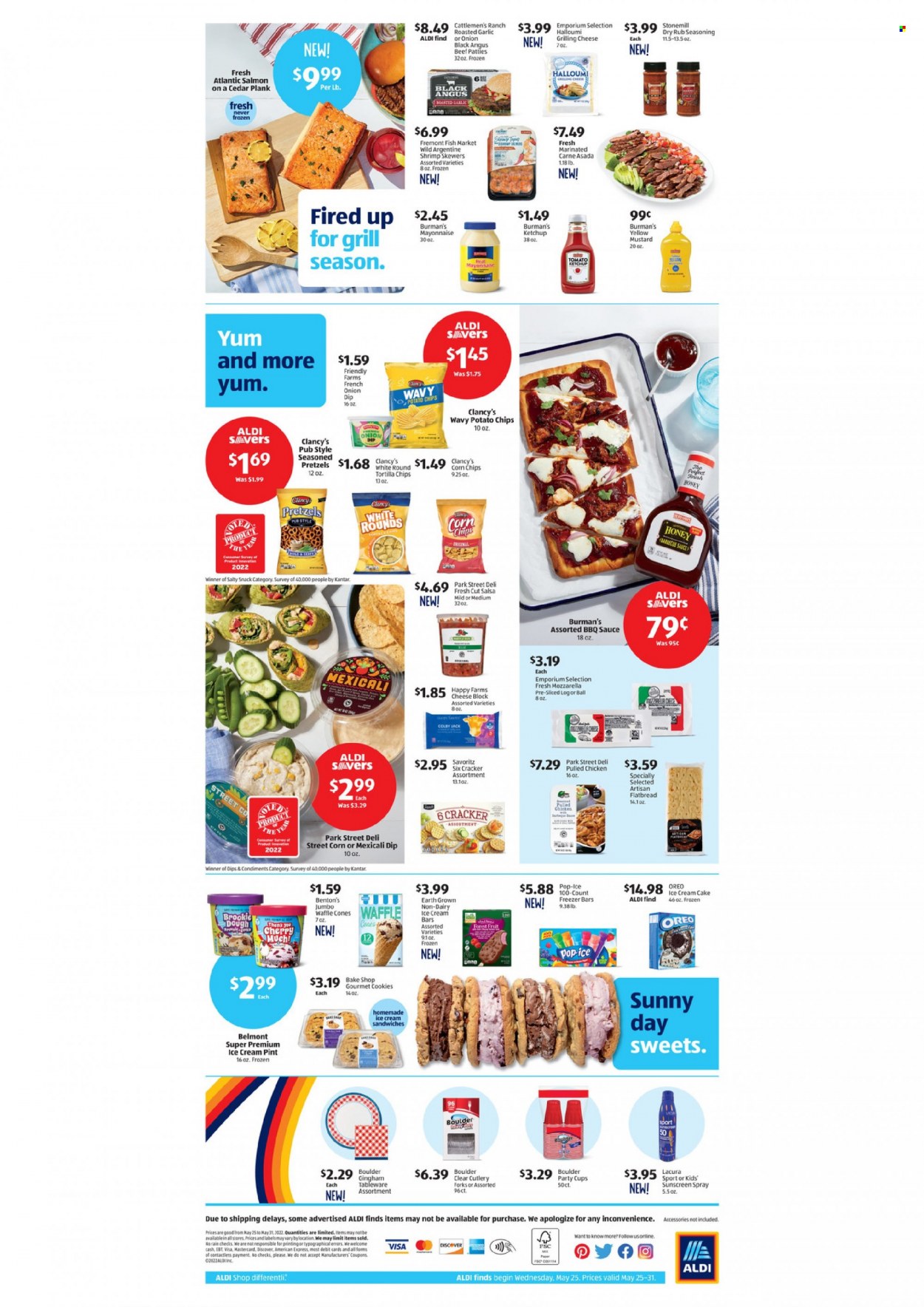 thumbnail - ALDI Flyer - 05/25/2022 - 05/31/2022 - Sales products - Cattlemen's Ranch, pretzels, cake, flatbread, cherries, salmon, shrimps, sauce, pulled chicken, Colby cheese, mozzarella, halloumi, cheese, Oreo, mayonnaise, dip, ice cream, ice cream sandwich, cookies, snack, crackers, tortilla chips, potato chips, corn chips, spice, BBQ sauce, mustard, ketchup, salsa, honey, sake, beef meat, tableware, cup, party cups, freezer, grill. Page 4.