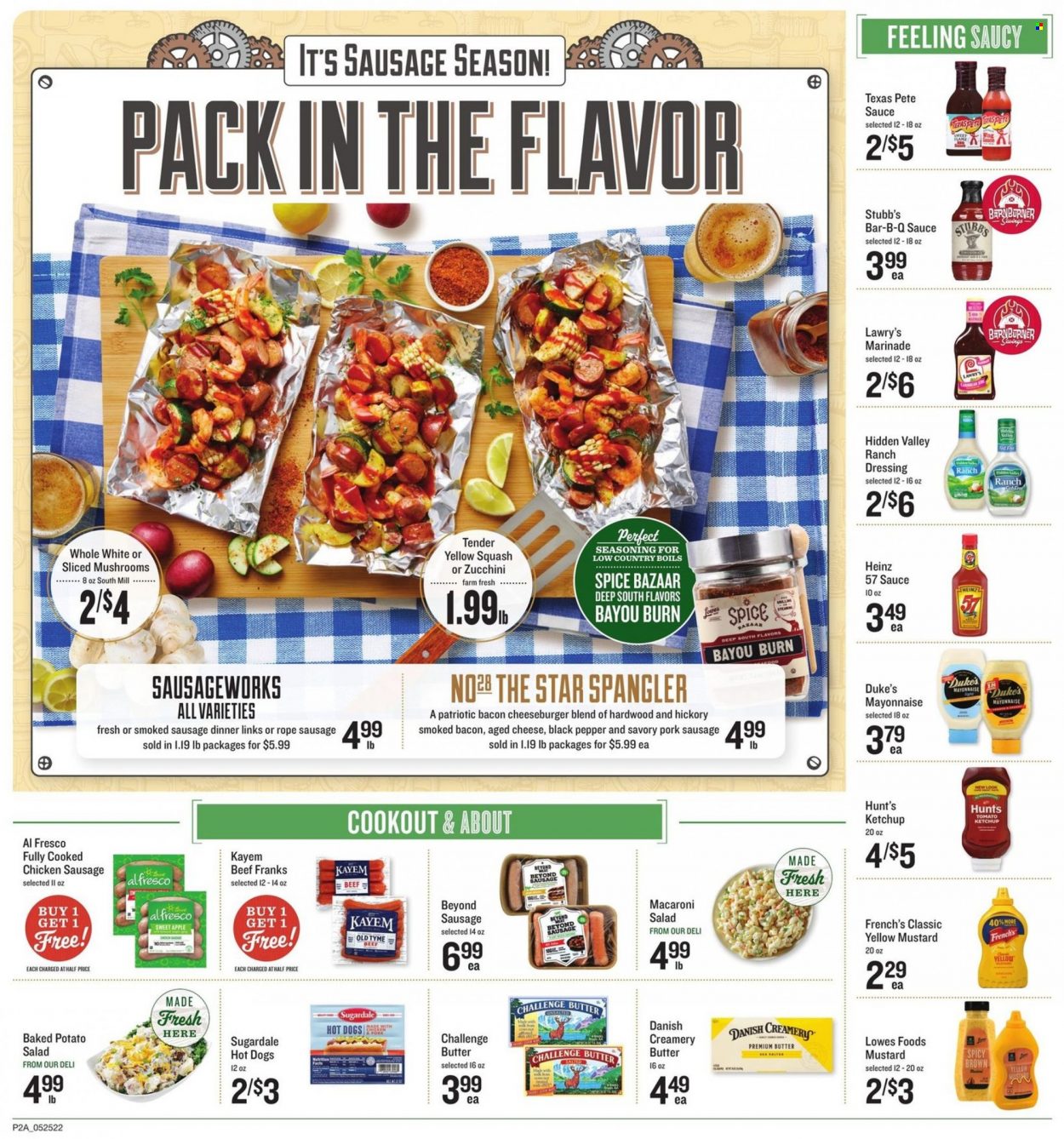 thumbnail - Lowes Foods Flyer - 05/25/2022 - 05/31/2022 - Sales products - mushrooms, zucchini, salad, yellow squash, hot dog, sauce, cheeseburger, Sugardale, bacon, sausage, smoked sausage, pork sausage, chicken sausage, potato salad, macaroni salad, butter, mayonnaise, ranch dressing, Heinz, black pepper, spice, mustard, ketchup, dressing, marinade. Page 2.