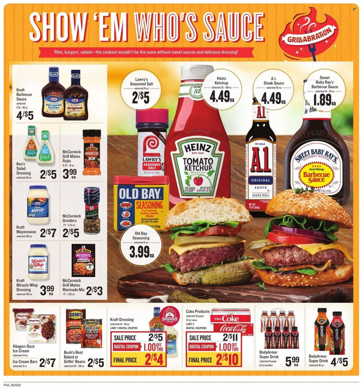 thumbnail - Lowes Foods Flyer - 05/25/2022 - 05/31/2022 - Sales products - beans, seafood, shrimps, hamburger, shake, mayonnaise, Miracle Whip, ice cream, ice cream bars, Häagen-Dazs, cane sugar, Heinz, spice, BBQ sauce, salad dressing, steak sauce, ketchup, dressing, marinade, Coca-Cola, Diet Coke, bourbon, steak. Page 4.