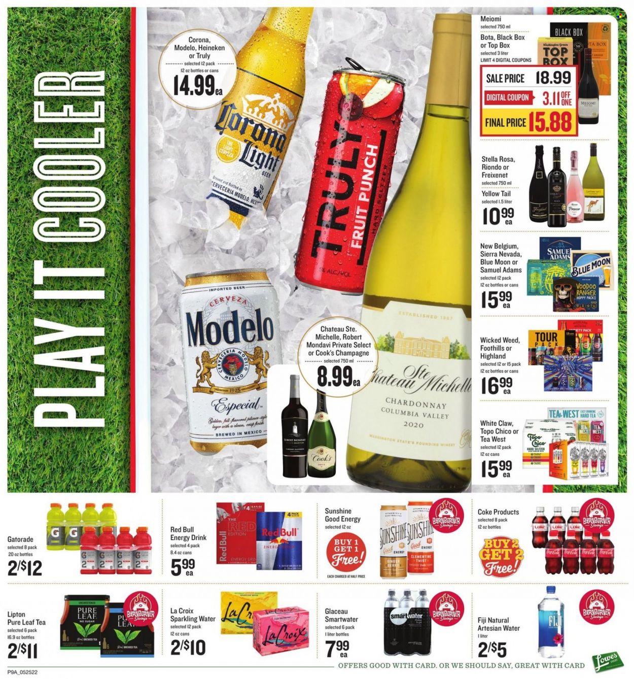 thumbnail - Lowes Foods Flyer - 05/25/2022 - 05/31/2022 - Sales products - ginger, Cook's, Sunshine, Coca-Cola, energy drink, Lipton, Red Bull, Gatorade, fruit punch, sparkling water, Smartwater, tea, Pure Leaf, white wine, champagne, Chardonnay, wine, White Claw, Hard Seltzer, TRULY, beer, Corona Extra, Heineken, Lager, Modelo, Spectrum, Blue Moon. Page 10.