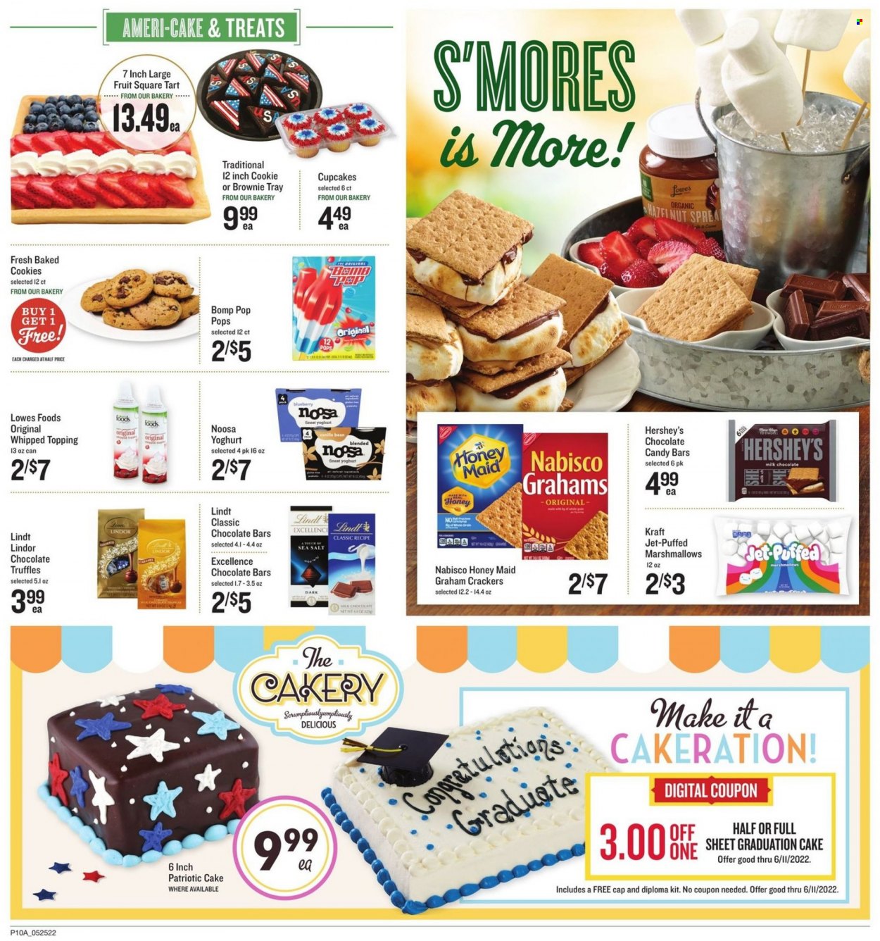 thumbnail - Lowes Foods Flyer - 05/25/2022 - 05/31/2022 - Sales products - cake, cupcake, brownies, Kraft®, yoghurt, Hershey's, cookies, graham crackers, marshmallows, milk chocolate, Lindt, Lindor, truffles, crackers, chocolate candies, chocolate bar, topping, Honey Maid, caramel, Jet. Page 11.