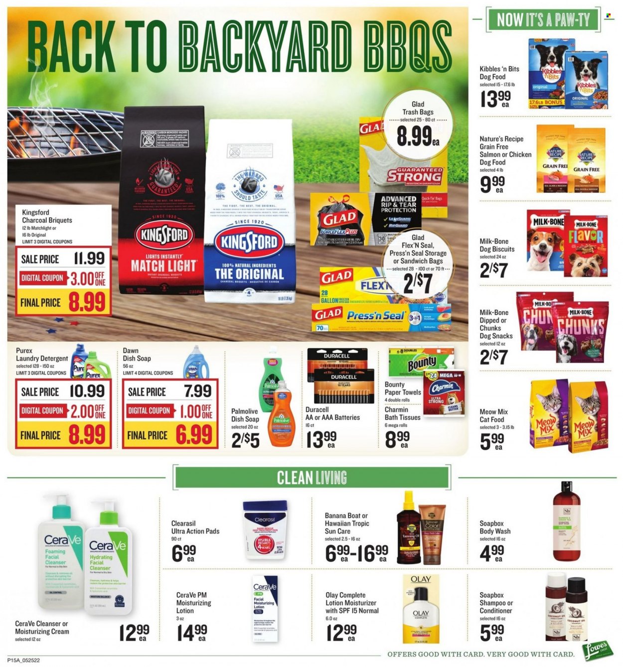 thumbnail - Lowes Foods Flyer - 05/25/2022 - 05/31/2022 - Sales products - milk, snack, Bounty, tissues, kitchen towels, paper towels, Charmin, detergent, laundry detergent, Purex, body wash, shampoo, Palmolive, soap, CeraVe, cleanser, moisturizer, Olay, conditioner, body lotion, trash bags, Duracell, AAA batteries, animal food, animal treats, cat food, dog food, dog biscuits, Meow Mix, charcoal. Page 16.