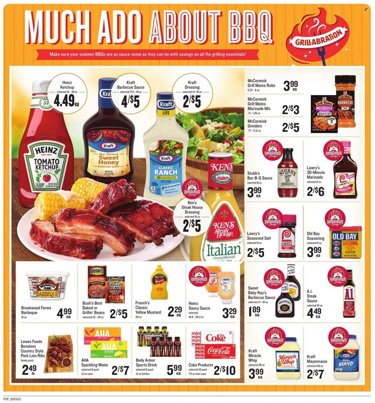 thumbnail - Lowes Foods Flyer - 05/25/2022 - 06/14/2022 - Sales products - beans, oranges, sauce, mayonnaise, Miracle Whip, Heinz, baked beans, spice, BBQ sauce, mustard, steak sauce, ketchup, dressing, marinade, Coca-Cola, Body Armor, sparkling water, steak, pork loin, pork meat. Page 2.