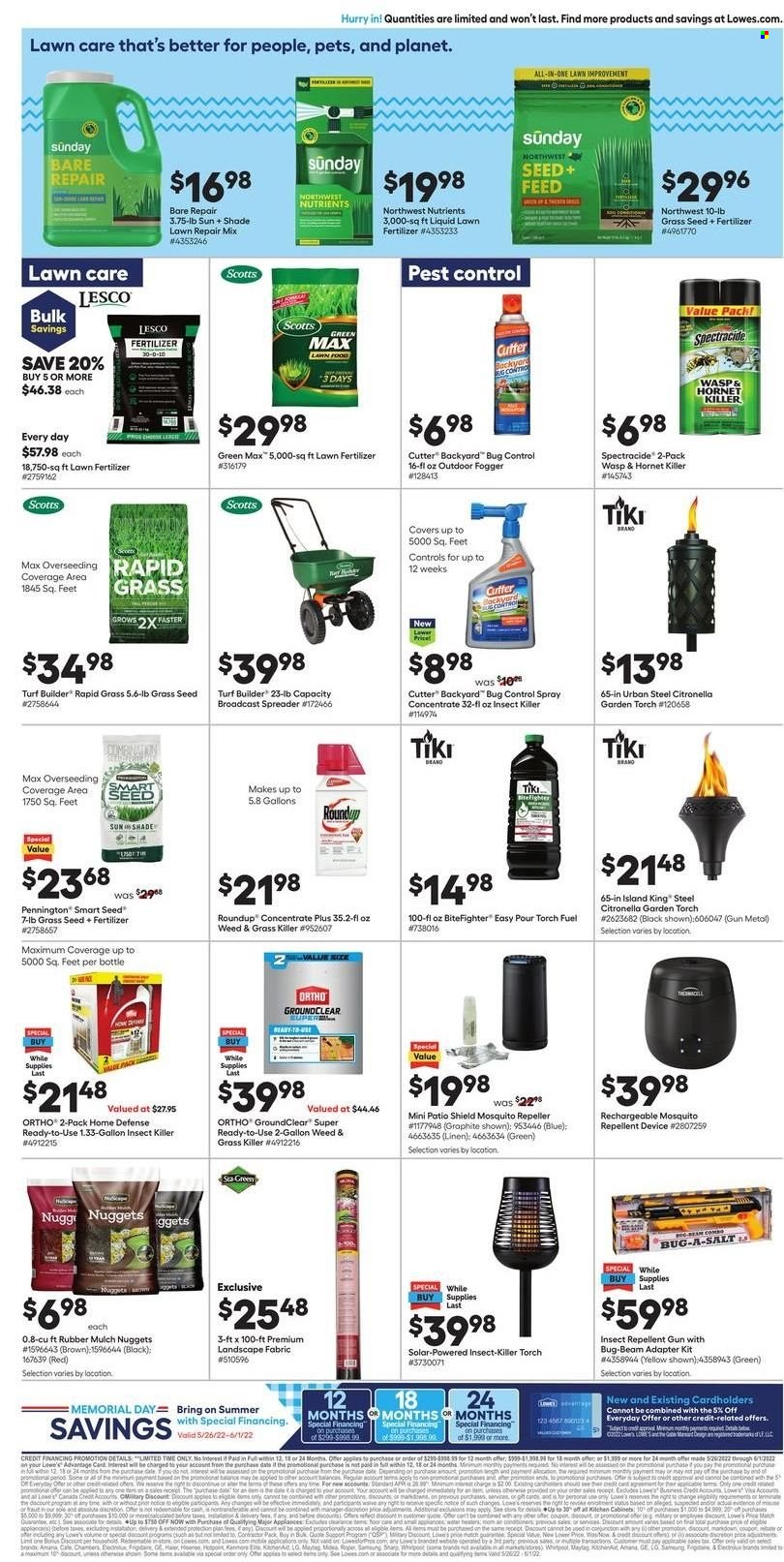 thumbnail - Lowe's Flyer - 05/26/2022 - 06/01/2022 - Sales products - WAVE, repellent, insect killer, gallon, Sharp, eraser, cutter, linens, Samsung, adapter, Electrolux, Amana, Haier, Hotpoint, Hisense, Maytag, air conditioner, kitchen cabinet, torch, mosquito repeller, spreader, fogger, plant seeds, fertilizer, turf builder, grass seed, Roundup, garden mulch. Page 3.