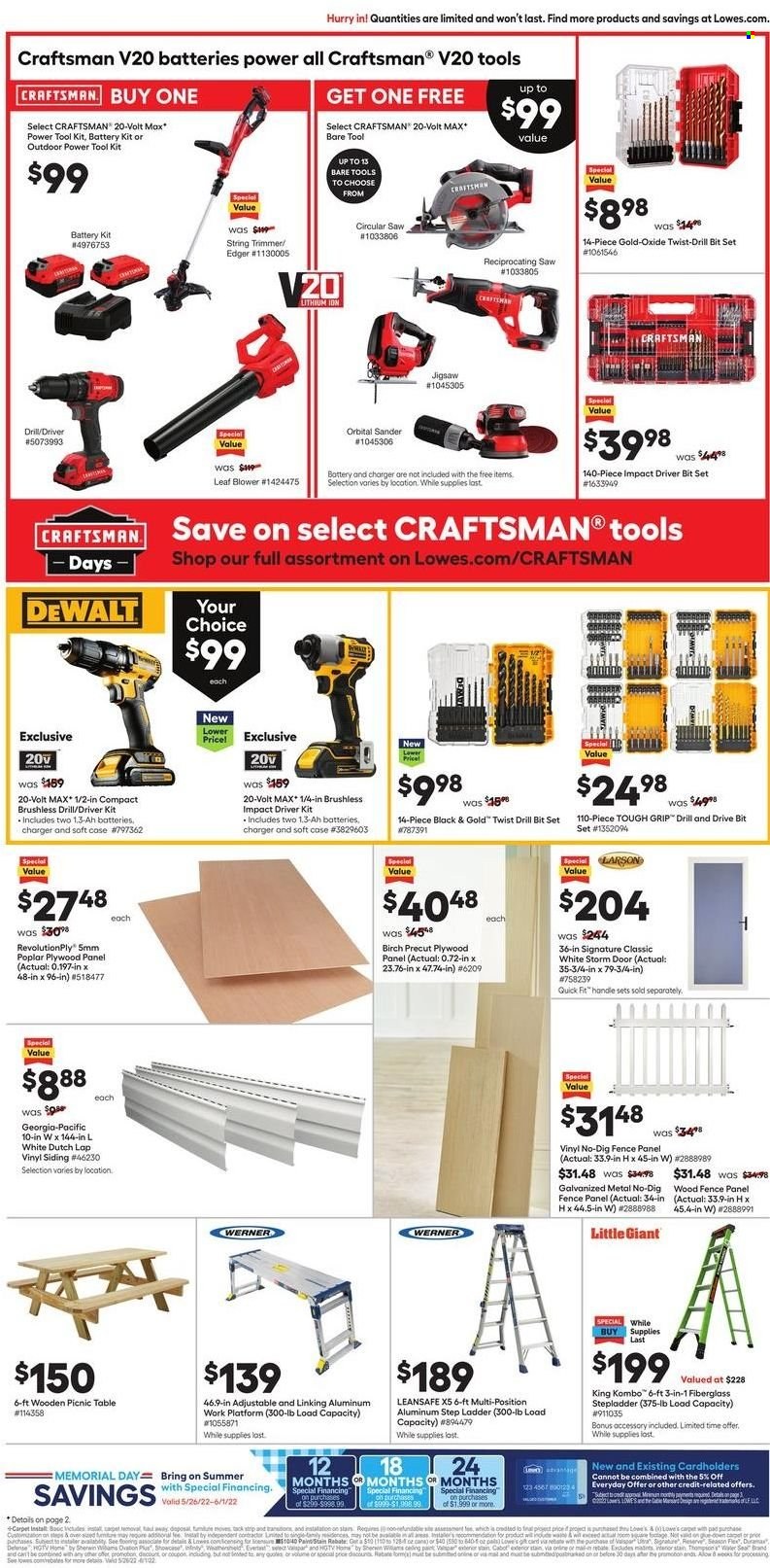 thumbnail - Lowe's Flyer - 05/26/2022 - 06/01/2022 - Sales products - DeWALT, trimmer, table, picnic table, leaf blower, ladder, stepladder, paint, siding, impact driver, drill bit set, circular saw, saw, reciprocating saw, string trimmer, tool set, fence panel. Page 6.