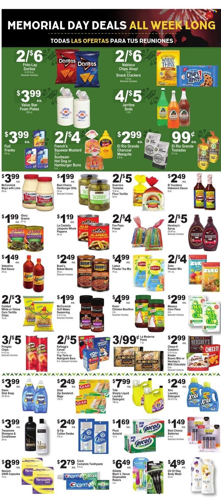 thumbnail - El Rio Grande Flyer - 05/25/2022 - 05/31/2022 - Sales products - buns, burger buns, tostadas, beans, peppers, jalapeño, hot dog, pasta, Knorr, sauce, mayonnaise, Hershey's, milk chocolate, chocolate, snack, crackers, Kellogg's, Kinder Bueno, Pop-Tarts, Chips Ahoy!, Nutri-Grain bars, Doritos, tortilla chips, Pringles, chips, Thins, Frito-Lay, Cheez-It, corn flour, baked beans, cereals, Frosted Flakes, spice, mustard, oil, honey, syrup, Lipton, ice tea, soda. Page 3.