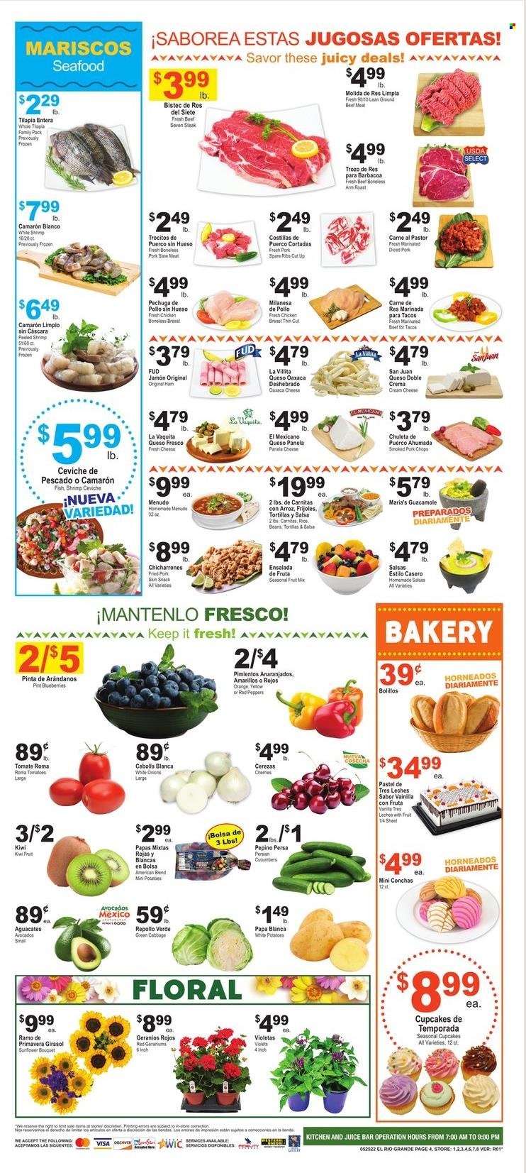 thumbnail - El Rio Grande Flyer - 05/25/2022 - 05/31/2022 - Sales products - stew meat, tortillas, cupcake, beans, cabbage, cucumber, tomatoes, potatoes, peppers, red peppers, blueberries, kiwi, cherries, tilapia, seafood, fish, ham, guacamole, cream cheese, queso fresco, cheese, Panela cheese, snack, fruit mix, rice, salsa, chicken breasts, beef meat, ground beef, steak, marinated beef, pork chops, pork meat, pork ribs, pork spare ribs. Page 5.