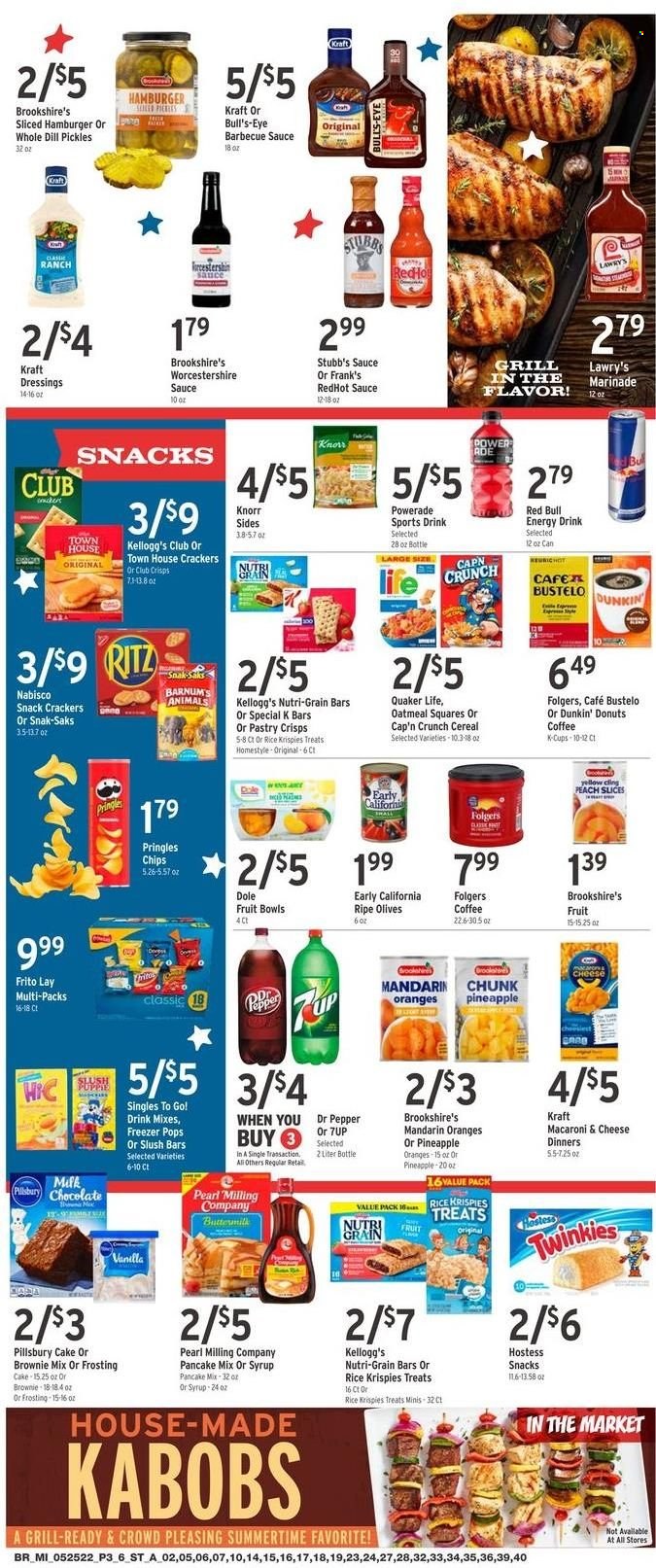 thumbnail - Brookshires Flyer - 05/25/2022 - 05/31/2022 - Sales products - cake, Dunkin' Donuts, brownie mix, Dole, mandarines, oranges, macaroni & cheese, hamburger, Knorr, pancakes, Pillsbury, Quaker, Kraft®, buttermilk, chocolate, snack, crackers, Kellogg's, RITZ, Pringles, chips, frosting, oatmeal, pickles, olives, cereals, Rice Krispies, Cap'n Crunch, Nutri-Grain, dill, BBQ sauce, worcestershire sauce, marinade, Powerade, energy drink, Dr. Pepper, 7UP, Red Bull, coffee, Folgers, coffee capsules, K-Cups, pot. Page 3.