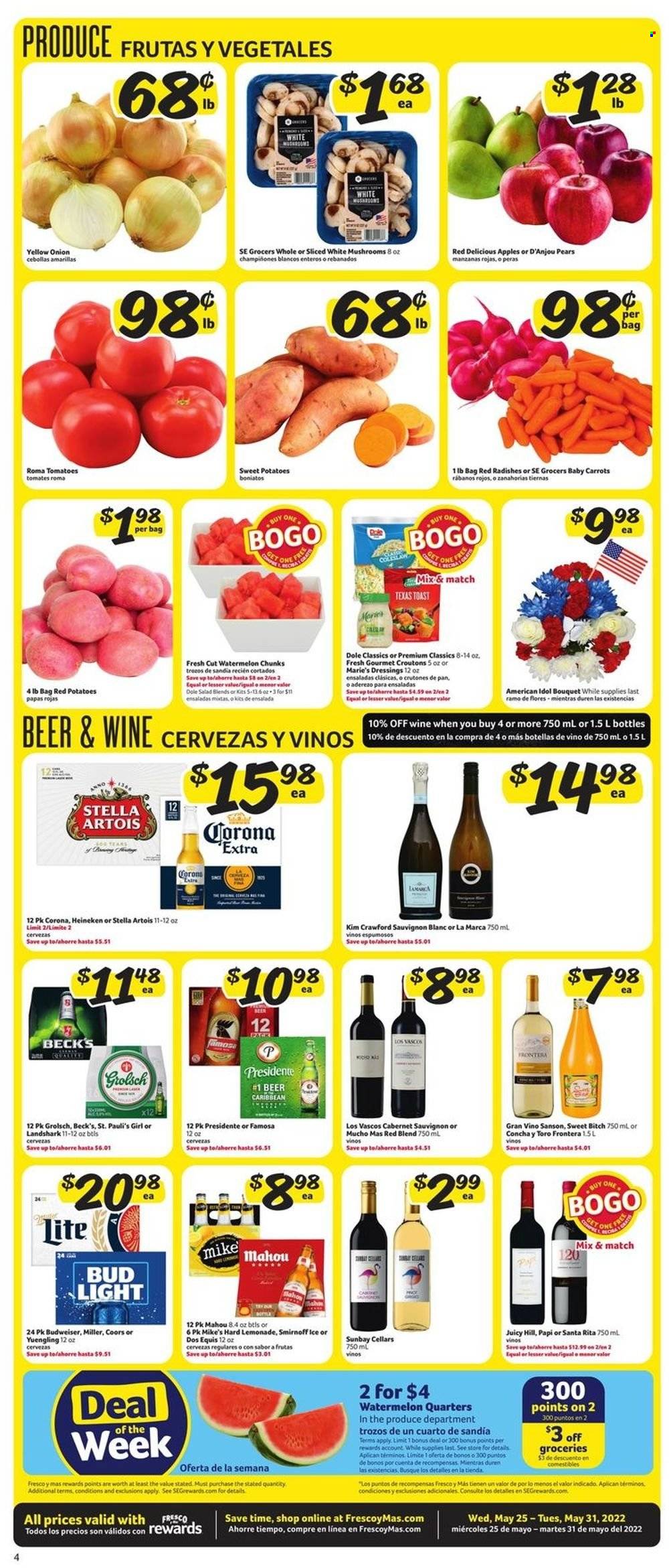 thumbnail - Fresco y Más Flyer - 05/25/2022 - 05/31/2022 - Sales products - mushrooms, carrots, radishes, sweet potato, tomatoes, potatoes, onion, Dole, red potatoes, apples, Red Delicious apples, watermelon, pears, croutons, lemonade, Cabernet Sauvignon, red wine, white wine, wine, Sauvignon Blanc, Smirnoff, beer, Bud Light, Corona Extra, Heineken, Miller, Beck's, Grolsch, Budweiser, Stella Artois, Coors, Dos Equis, Yuengling. Page 5.