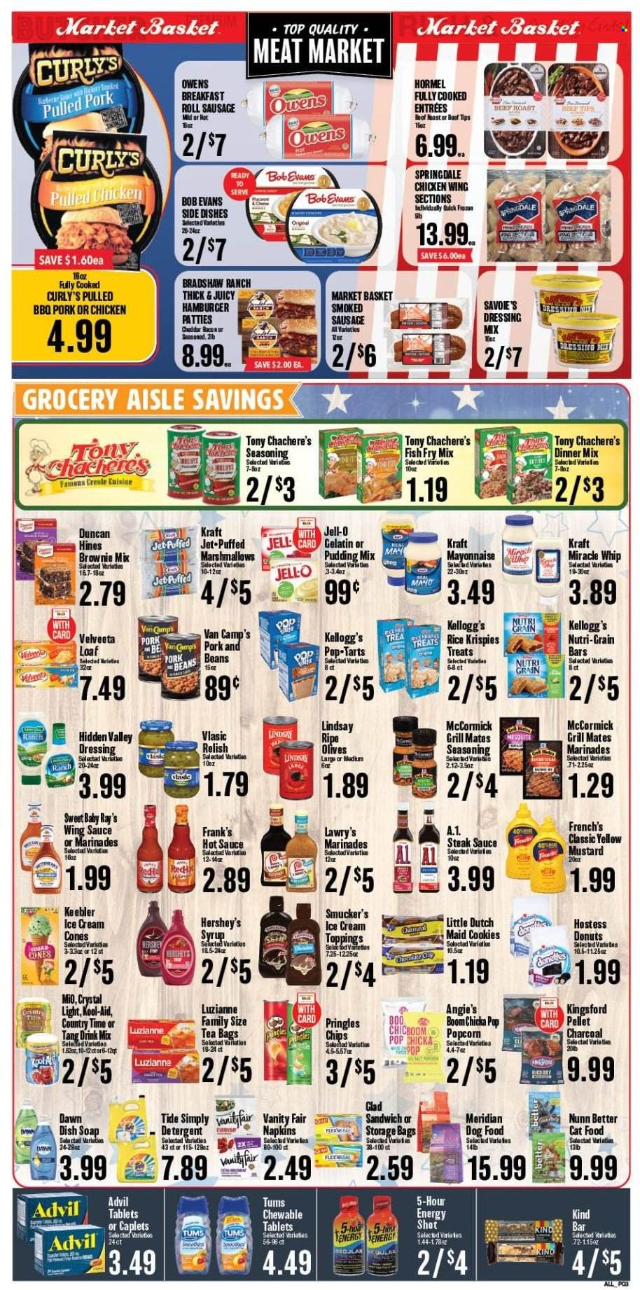 thumbnail - Market Basket Flyer - 05/25/2022 - 05/31/2022 - Sales products - donut, brownie mix, beans, fish, fried fish, hamburger, Kraft®, Bob Evans, pulled pork, pulled chicken, Hormel, bacon, sausage, smoked sausage, pudding, mayonnaise, Miracle Whip, ice cream, Hershey's, cookies, marshmallows, Kellogg's, Pop-Tarts, Nutri-Grain bars, Keebler, Pringles, chips, popcorn, oatmeal, Jell-O, olives, Rice Krispies, Nutri-Grain, spice, mustard, steak sauce, hot sauce, dressing, wing sauce, syrup, Country Time, tea bags, beef meat, steak, roast beef, pork meat, detergent, napkins, Tide, animal food, cat food, dog food. Page 3.
