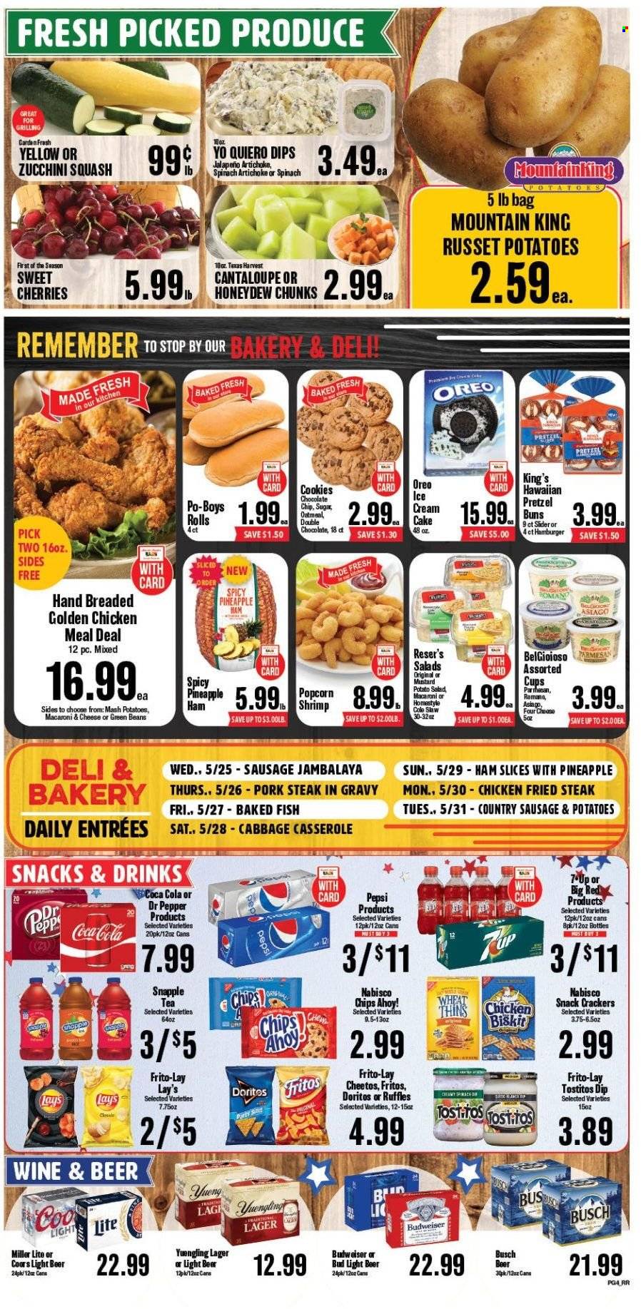 thumbnail - Market Basket Flyer - 05/25/2022 - 05/31/2022 - Sales products - pretzels, buns, artichoke, beans, cabbage, cantaloupe, green beans, russet potatoes, zucchini, potatoes, jalapeño, honeydew, pineapple, cherries, fish, shrimps, macaroni & cheese, hamburger, ham, sausage, potato salad, asiago, Oreo, dip, cookies, snack, crackers, Chips Ahoy!, Doritos, Fritos, Cheetos, chips, Lay’s, Thins, popcorn, Frito-Lay, Ruffles, Tostitos, oatmeal, mustard, Coca-Cola, Pepsi, Dr. Pepper, 7UP, Snapple, tea, beer, Busch, Bud Light, Lager, steak, pork chops, pork meat, Budweiser, Miller Lite, Coors, Yuengling. Page 4.