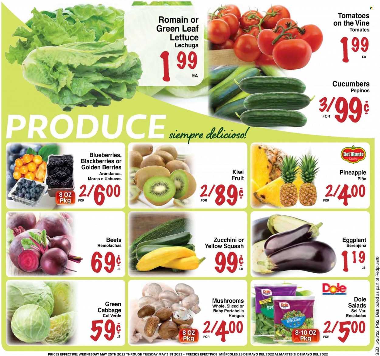 thumbnail - Sedano's Flyer - 05/25/2022 - 05/31/2022 - Sales products - mushrooms, cabbage, cucumber, tomatoes, zucchini, lettuce, Dole, eggplant, yellow squash, blackberries, blueberries, kiwi, pineapple. Page 2.