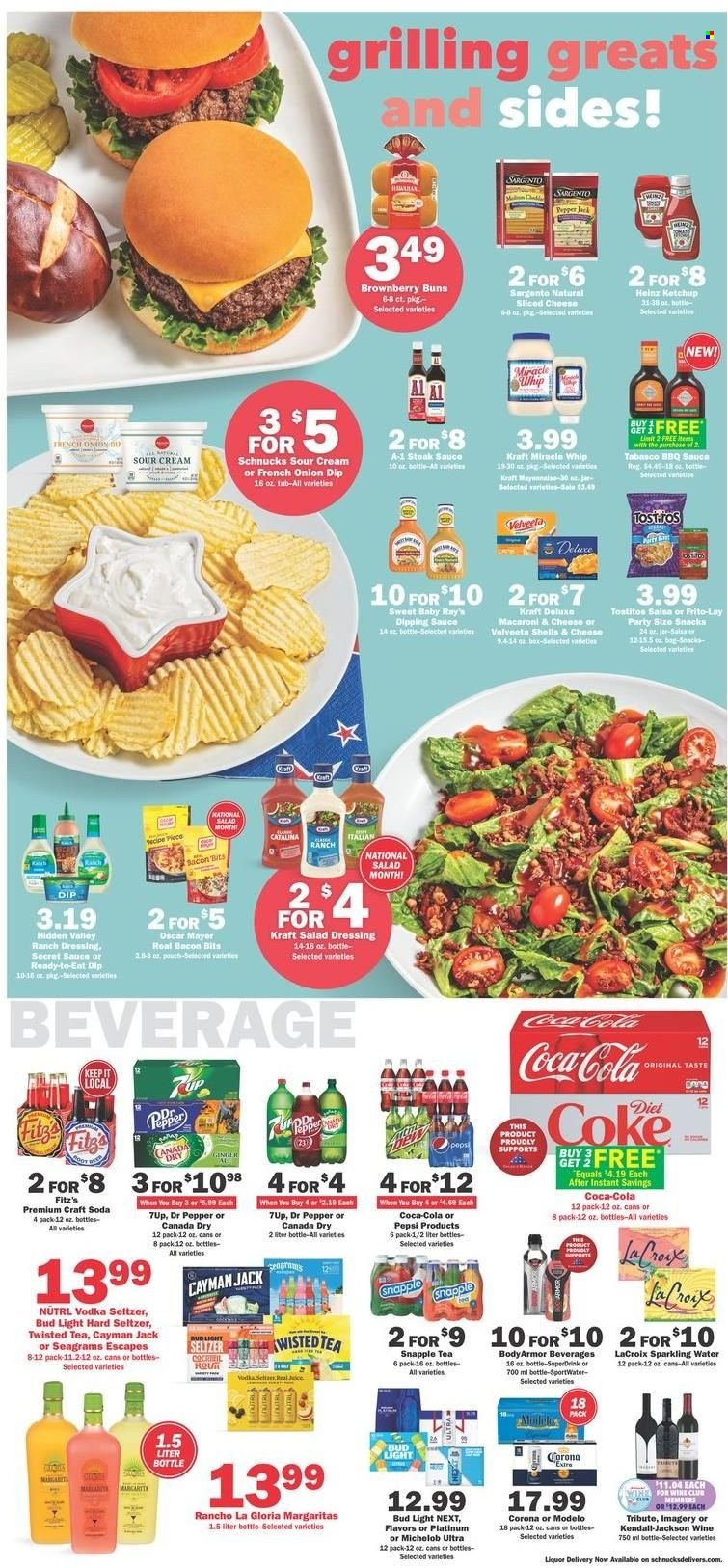 thumbnail - Schnucks Flyer - 05/25/2022 - 05/31/2022 - Sales products - buns, macaroni & cheese, Kraft®, bacon bits, Oscar Mayer, sliced cheese, Sargento, sour cream, mayonnaise, Miracle Whip, ranch dressing, snack, Frito-Lay, Tostitos, tabasco, Heinz, BBQ sauce, salad dressing, steak sauce, ketchup, dressing, salsa, Canada Dry, Coca-Cola, ginger ale, Pepsi, juice, Body Armor, Dr. Pepper, 7UP, Snapple, soda, sparkling water, tea, vodka, Hard Seltzer, beer, Bud Light, Corona Extra, Modelo, steak, Twisted Tea, Michelob. Page 3.