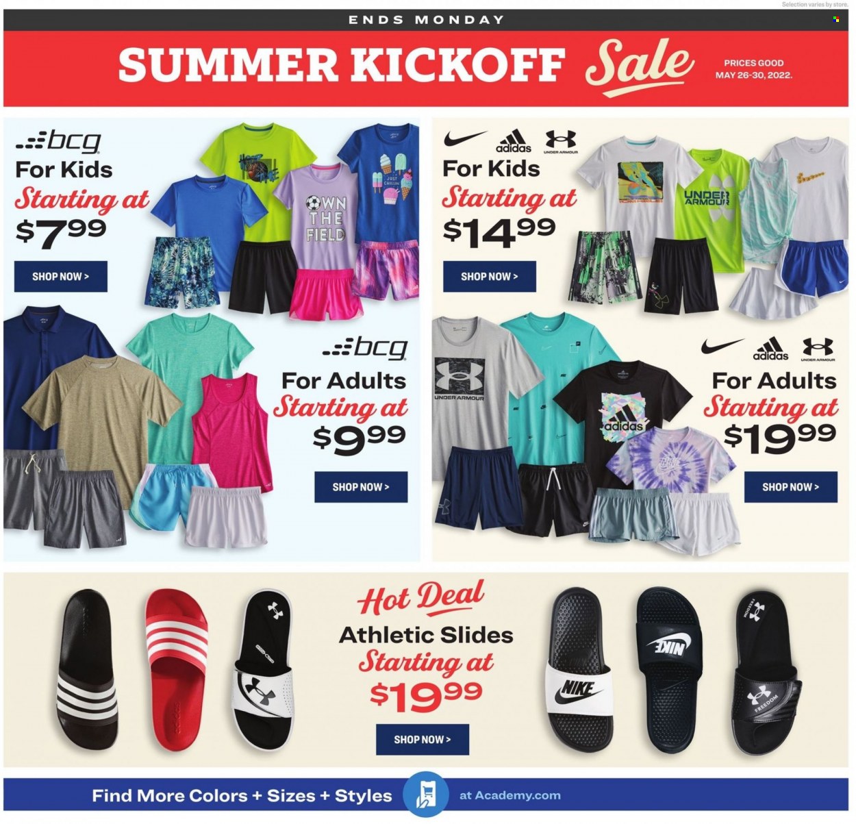 thumbnail - Academy Sports + Outdoors Flyer - 05/26/2022 - 05/30/2022 - Sales products - Adidas, slides, Under Armour, Nike. Page 7.