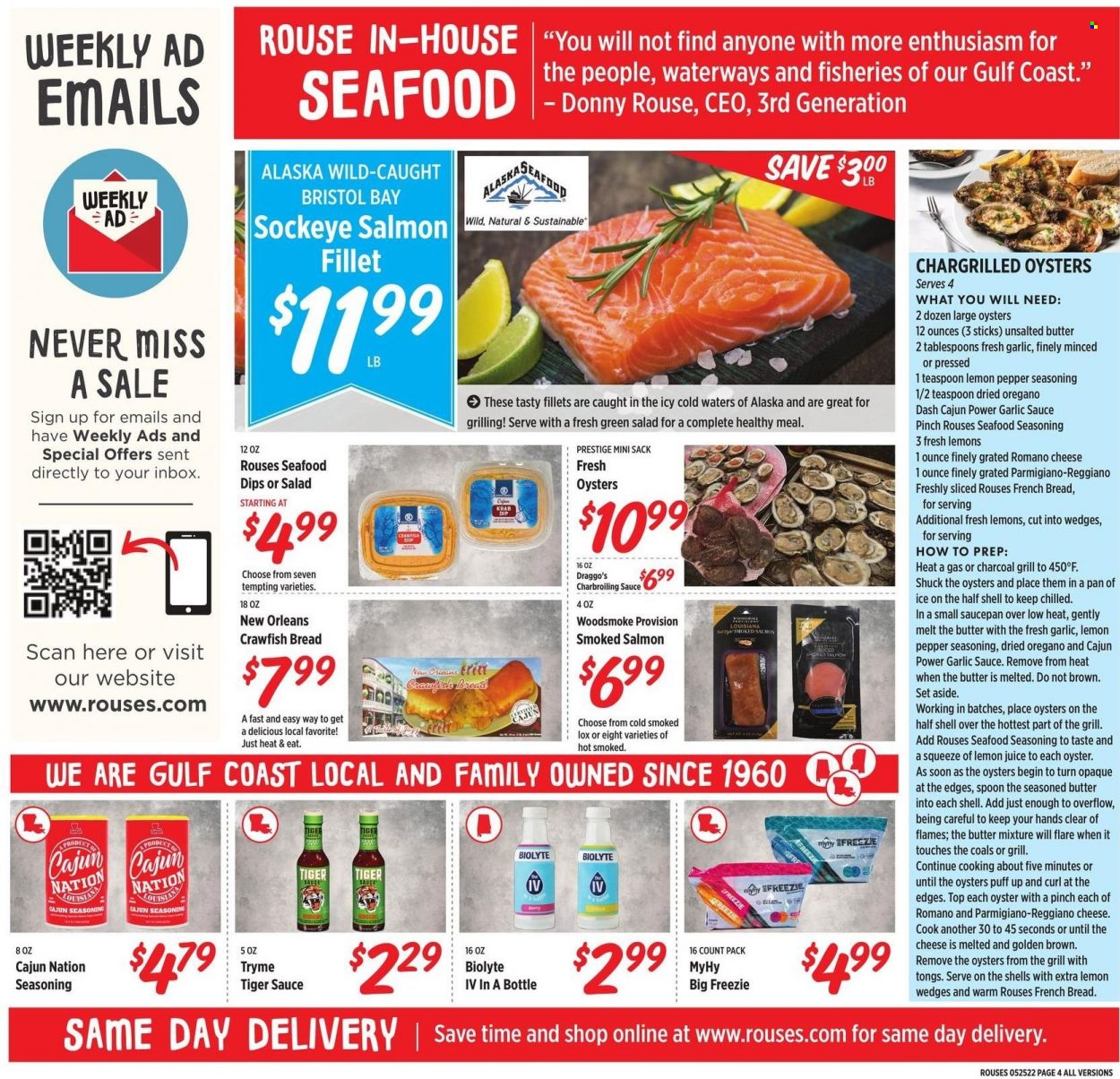 thumbnail - Rouses Markets Flyer - 05/25/2022 - 06/01/2022 - Sales products - french bread, salmon, salmon fillet, smoked salmon, oysters, seafood, cheese, Parmigiano Reggiano, crawfish, spice, garlic sauce, lemon juice. Page 4.