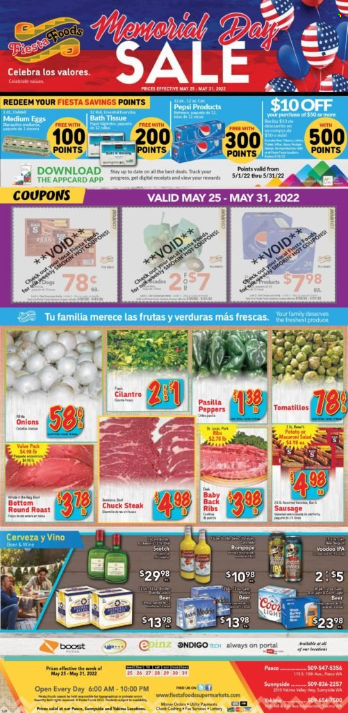 thumbnail - Fiesta Foods SuperMarkets Flyer - 05/25/2022 - 05/31/2022 - Sales products - tomatillo, onion, peppers, macaroni salad, eggs, cilantro, Pepsi, Boost, wine, beer, IPA, beef meat, steak, round roast, chuck steak, pork meat, pork ribs, pork back ribs, pasilla. Page 1.