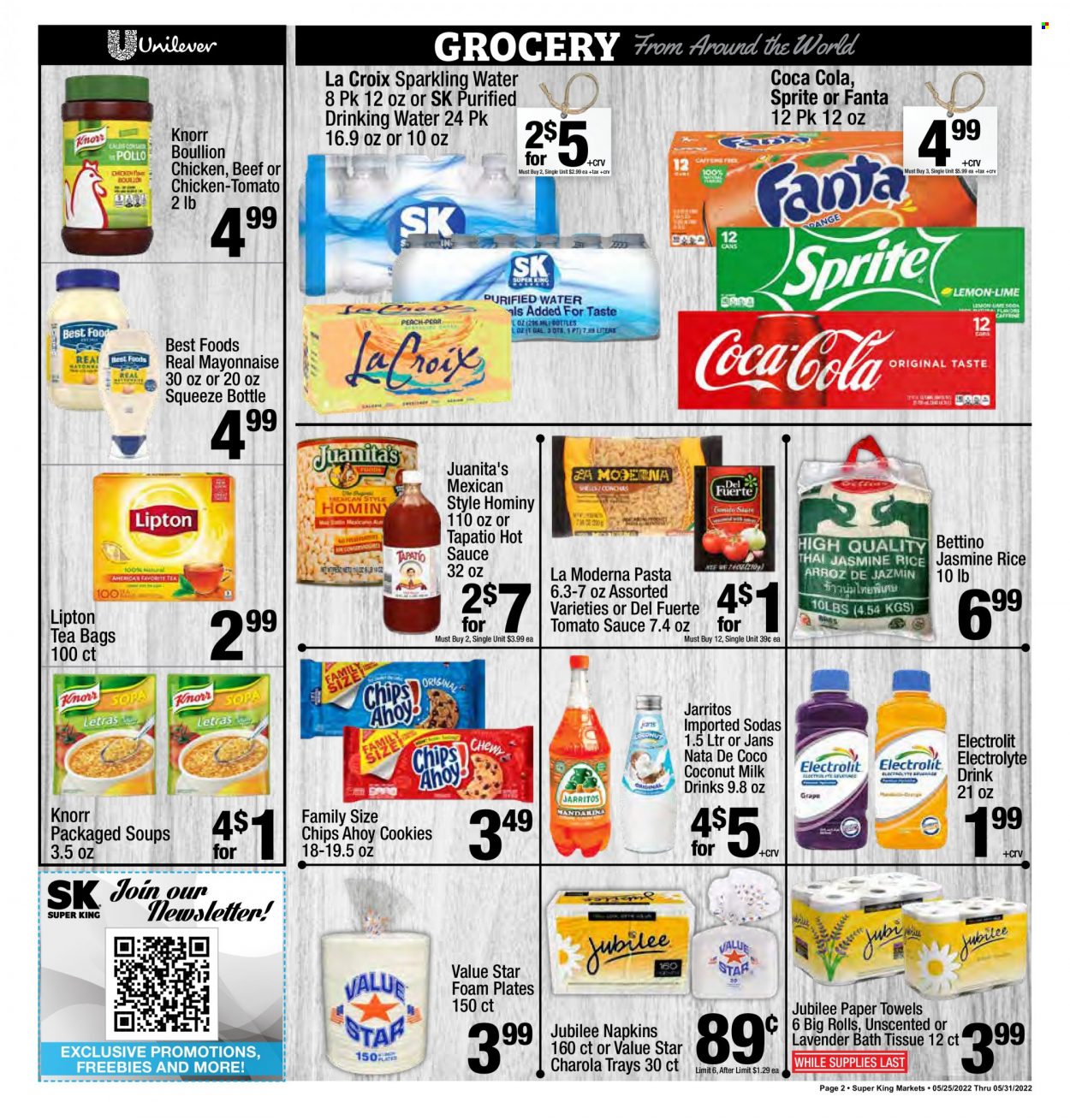 thumbnail - Super King Markets Flyer - 05/25/2022 - 05/31/2022 - Sales products - pasta, Knorr, sauce, mayonnaise, cookies, chips, coconut milk, tomato sauce, rice, jasmine rice, hot sauce, Coca-Cola, Sprite, Fanta, Lipton, sparkling water, tea bags, bath tissue, napkins, kitchen towels, paper towels. Page 2.