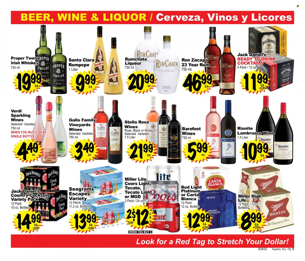 thumbnail - Superior Grocers Flyer - 05/24/2022 - 06/20/2022 - Sales products - Jack Daniel's, sparkling wine, wine, Gallo Family, rosé wine, liqueur, rum, whiskey, irish whiskey, liquor, Zacapa, Ron Pelicano, whisky, beer, Bud Light, Miller Lite, Coors. Page 15.