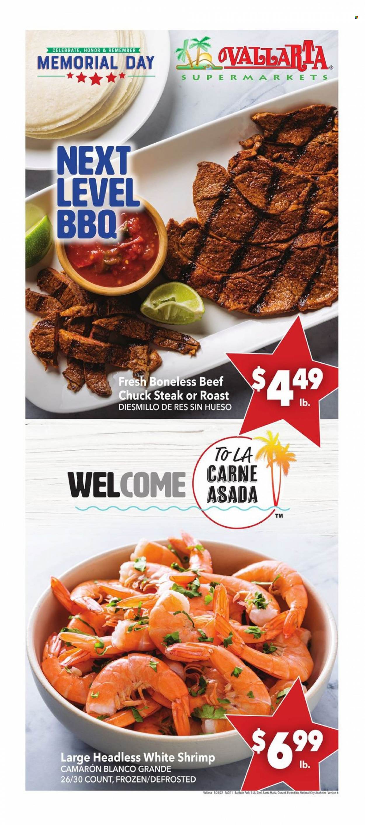 thumbnail - Vallarta Flyer - 05/25/2022 - 05/31/2022 - Sales products - beef meat, steak, chuck steak, shrimps. Page 1.