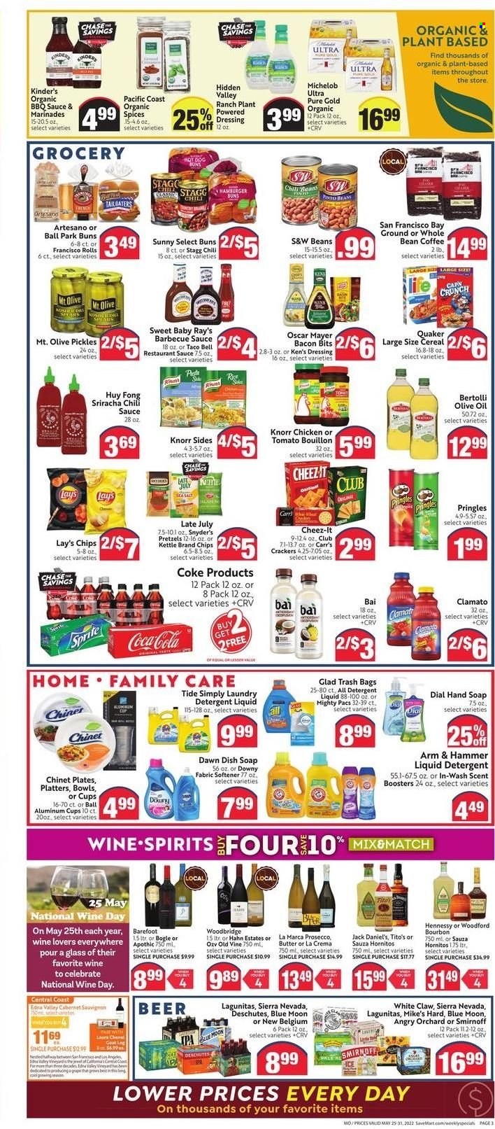 thumbnail - Save Mart Flyer - 05/25/2022 - 05/31/2022 - Sales products - pretzels, buns, burger buns, hot dog, Jack Daniel's, Knorr, Quaker, Bertolli, bacon bits, Oscar Mayer, goat cheese, butter, crackers, Pringles, chips, Lay’s, Cheez-It, ARM & HAMMER, bouillon, pickles, pinto beans, cereals, rice, dill, BBQ sauce, sriracha, chilli sauce, dressing, olive oil, oil, Coca-Cola, Sprite, Clamato, Bai, coffee, Cabernet Sauvignon, prosecco, Woodbridge, bourbon, Smirnoff, Hennessy, White Claw, beer, IPA, Hahn, Tide, fabric softener, liquid detergent, laundry detergent, scent booster, Downy Laundry, hand soap, Dial, soap, Blue Moon, Michelob. Page 3.