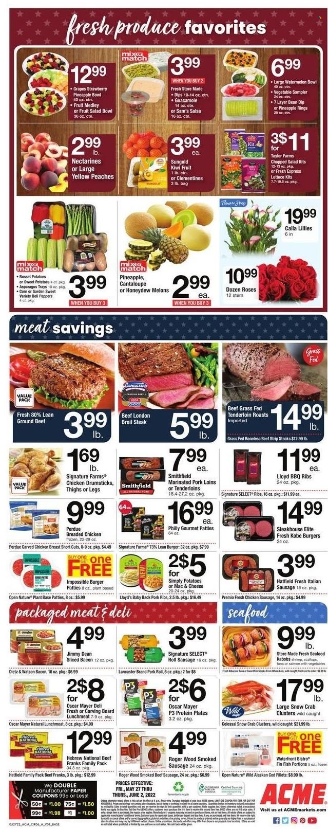 thumbnail - ACME Flyer - 05/27/2022 - 06/02/2022 - Sales products - asparagus, bell peppers, cantaloupe, russet potatoes, sweet potato, potatoes, peppers, chopped salad, grapes, kiwi, watermelon, honeydew, cod, scallops, seafood, crab, fish, shrimps, hamburger, fried chicken, Perdue®, Jimmy Dean, bacon, Oscar Mayer, Dietz & Watson, sausage, smoked sausage, chicken sausage, italian sausage, guacamole, lunch meat, dip, fruit salad, salsa, Ciro, chicken drumsticks, beef meat, ground beef, steak, striploin steak, burger patties, pork meat, pork ribs, pork back ribs, marinated pork, fork, salad bowl, paper, mixer, clementines, nectarines, melons, peaches. Page 8.