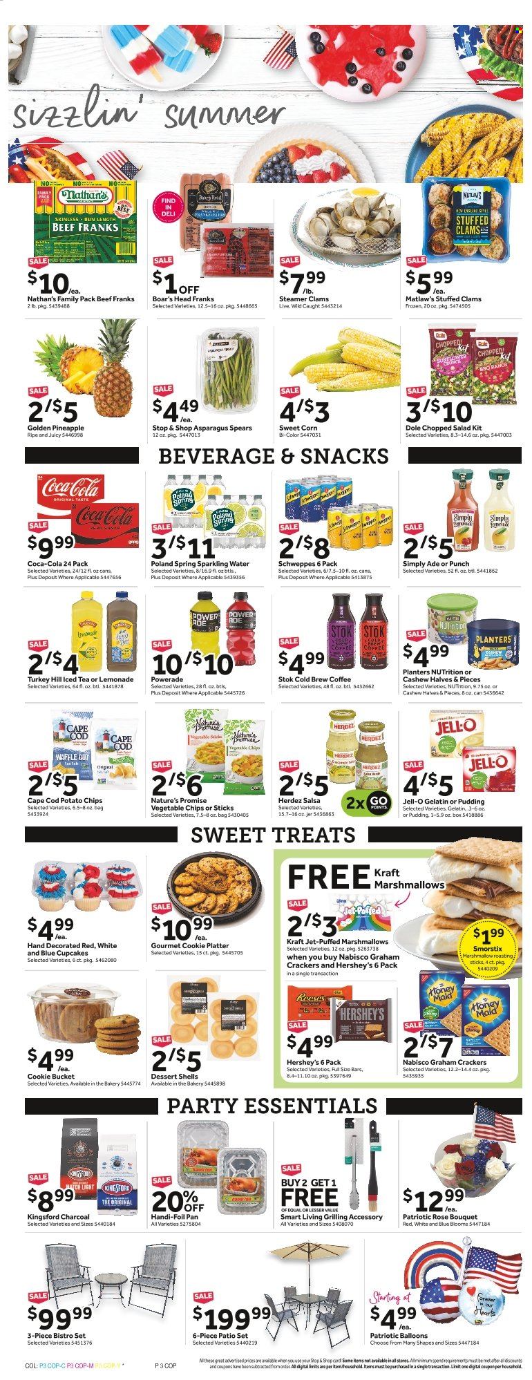 thumbnail - Stop & Shop Flyer - 05/27/2022 - 06/02/2022 - Sales products - Nature’s Promise, cupcake, dessert shells, asparagus, corn, salad, Dole, sweet corn, chopped salad, pineapple, clams, cod, Kraft®, pudding, Hershey's, graham crackers, marshmallows, snack, crackers, potato chips, vegetable chips, Jell-O, Honey Maid, salsa, Planters, Coca-Cola, lemonade, Schweppes, Powerade, ice tea, sparkling water, coffee, rosé wine, Jet, balloons, bouquet, rose, charcoal. Page 3.