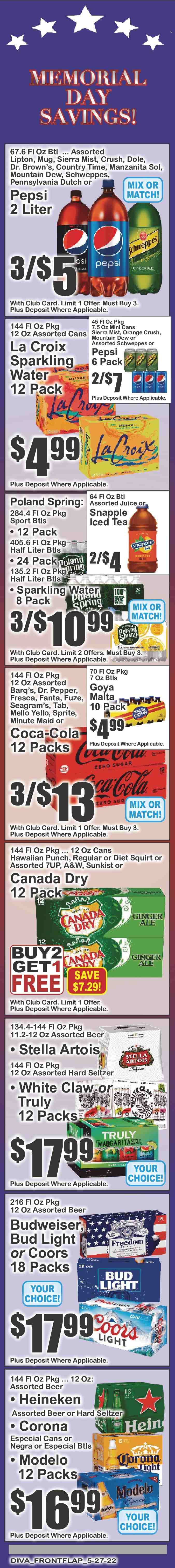 thumbnail - Key Food Flyer - 05/27/2022 - 06/02/2022 - Sales products - Dole, oranges, Goya, pepper, Canada Dry, Coca-Cola, Mountain Dew, Schweppes, Sprite, Pepsi, juice, Fanta, Lipton, ice tea, Dr. Pepper, 7UP, Snapple, Dr. Brown's, A&W, Sierra Mist, Country Time, fruit punch, sparkling water, White Claw, Hard Seltzer, TRULY, beer, Bud Light, Corona Extra, Heineken, Sol, Modelo, mug, Budweiser, Stella Artois, Coors. Page 9.
