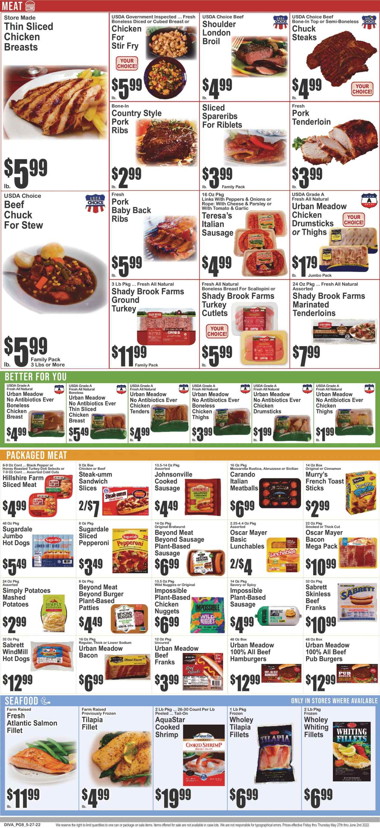 thumbnail - Key Food Flyer - 05/27/2022 - 06/02/2022 - Sales products - parsley, onion, salmon, salmon fillet, tilapia, seafood, shrimps, whiting fillets, whiting, mashed potatoes, hot dog, chicken tenders, meatballs, sandwich, nuggets, hamburger, chicken nuggets, Lunchables, Sugardale, bacon, Hillshire Farm, Johnsonville, Oscar Mayer, bratwurst, sausage, pepperoni, italian sausage, sandwich slices, black pepper, cinnamon, ground turkey, chicken breasts, chicken thighs, chicken drumsticks, beef meat, beef steak, steak, pork meat, pork ribs, pork tenderloin, pork spare ribs, pork back ribs, beef bone. Page 8.