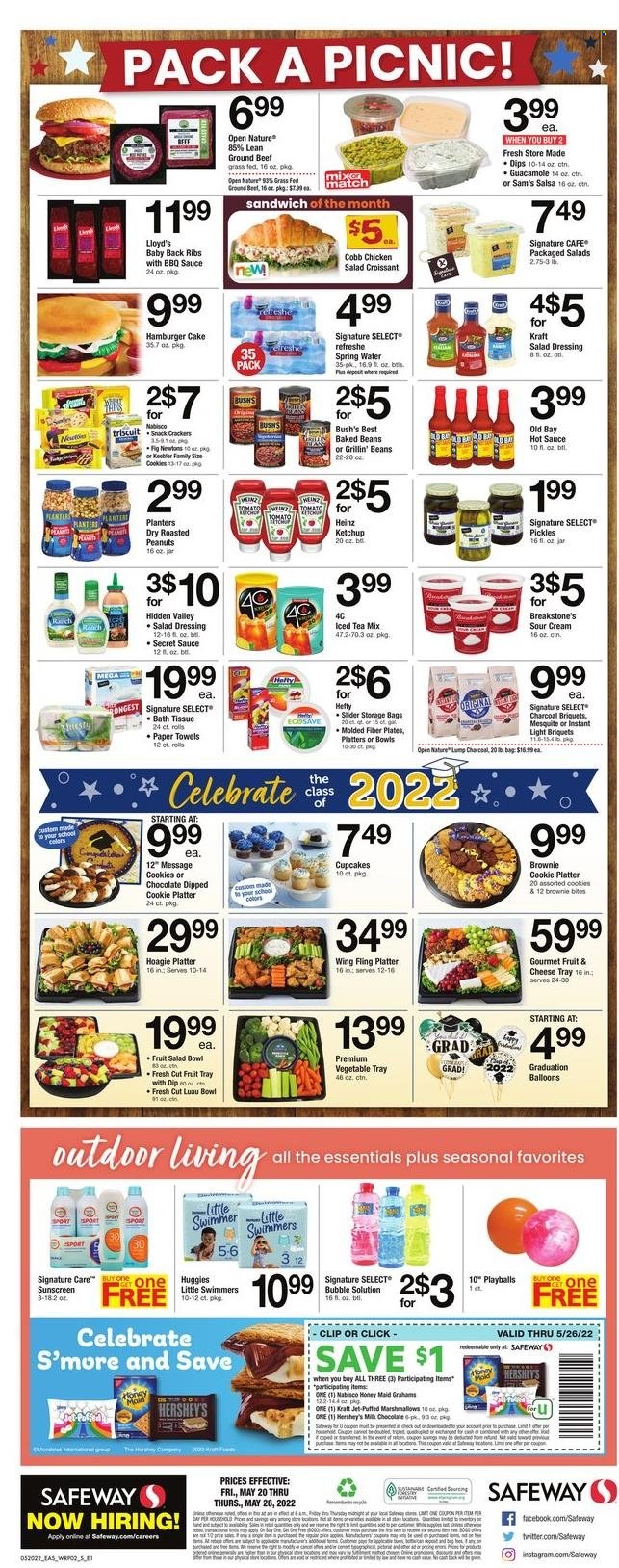 thumbnail - Safeway Flyer - 05/27/2022 - 06/02/2022 - Sales products - cake, croissant, cupcake, brownies, beef meat, ground beef, hamburger, pork meat, pork ribs, pork back ribs, sandwich, sauce, Kraft®, sour cream, Hershey's, cookies, marshmallows, milk chocolate, chocolate, snack, crackers, Keebler, Thins, Heinz, pickles, guacamole, baked beans, fruit salad, Honey Maid, BBQ sauce, salad dressing, hot sauce, ketchup, dressing, salsa, roasted peanuts, peanuts, Planters, ice tea, spring water, bath tissue, kitchen towels, paper towels, Jet, Hefty, storage bag, plate, salad bowl, balloons, briquettes, charcoal, Huggies. Page 2.