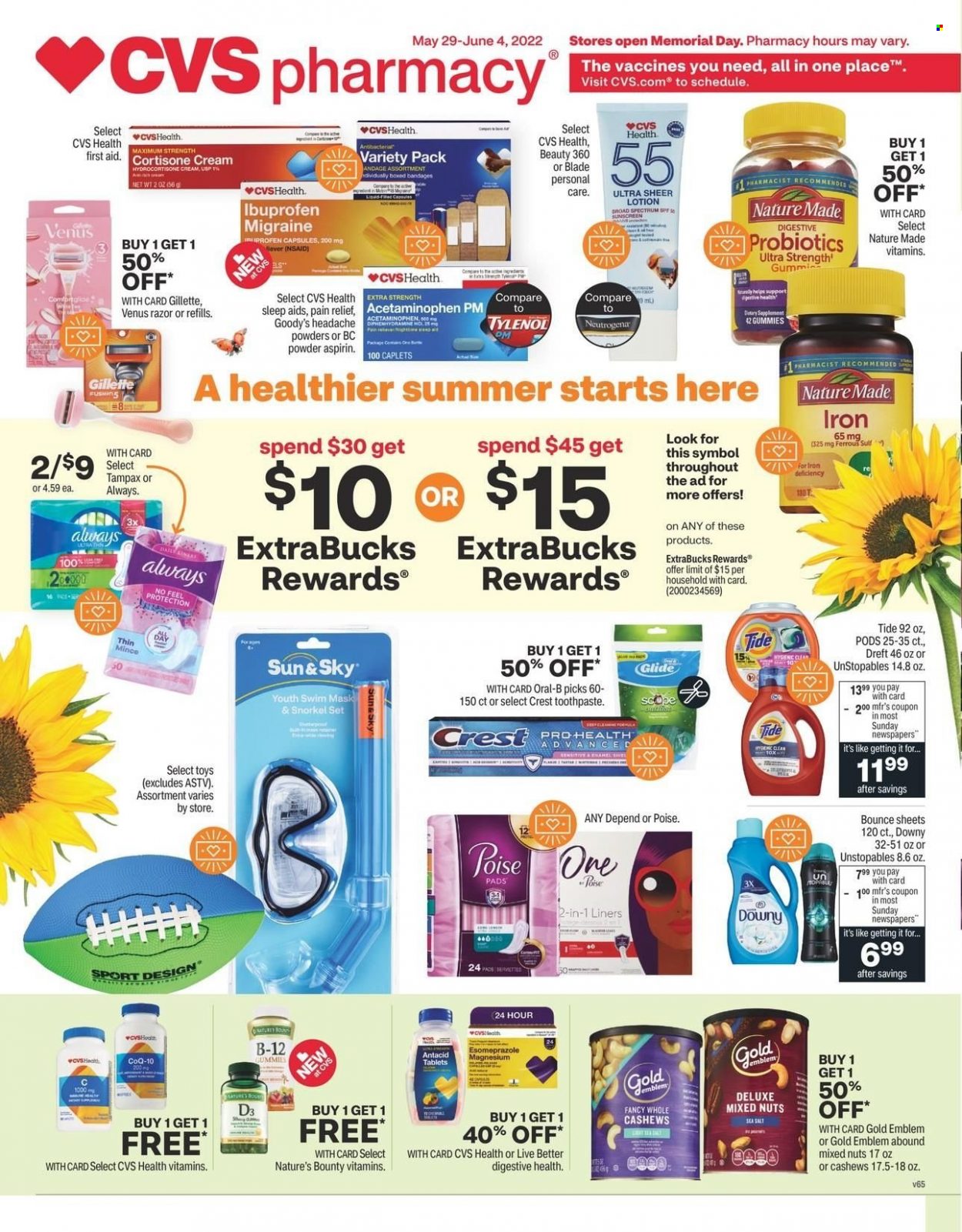 thumbnail - CVS Pharmacy Flyer - 05/29/2022 - 06/04/2022 - Sales products - cashews, mixed nuts, Tide, Unstopables, Bounce, Oral-B, toothpaste, Crest, Tampax, Neutrogena, body lotion, Gillette, razor, Venus, toys, pain relief, magnesium, Nature Made, Nature's Bounty, Tylenol, Ibuprofen, probiotics, headache powders, Antacid, vitamin D3, aspirin, dietary supplement. Page 1.