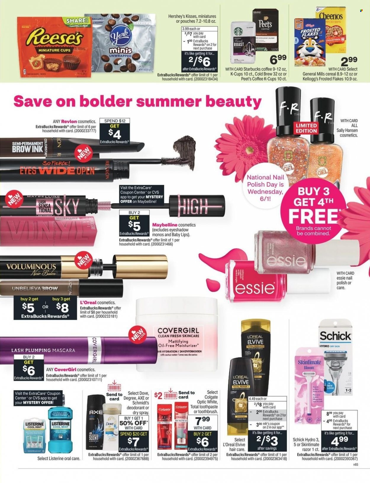 thumbnail - CVS Pharmacy Flyer - 05/29/2022 - 06/04/2022 - Sales products - Reese's, Hershey's, Kellogg's, cereals, Cheerios, Frosted Flakes, coffee, Starbucks, coffee capsules, K-Cups, Dove, Colgate, Listerine, toothbrush, toothpaste, L’Oréal, moisturizer, Revlon, anti-perspirant, deodorant, Axe, razor, Schick, eyeshadow, mascara, Maybelline. Page 2.