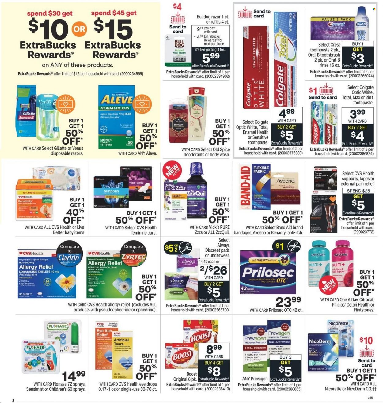 thumbnail - CVS Pharmacy Flyer - 05/29/2022 - 06/04/2022 - Sales products - Boost, Aveeno, body wash, Old Spice, Colgate, toothbrush, Oral-B, toothpaste, Crest, sanitary pads, Always Discreet, Always Underwear, tampons, deodorant, Gillette, razor, Venus, disposable razor, pain relief, Aleve, NicoDerm, Nicorette, Zyrtec, ZzzQuil, eye drops, allergy relief. Page 4.