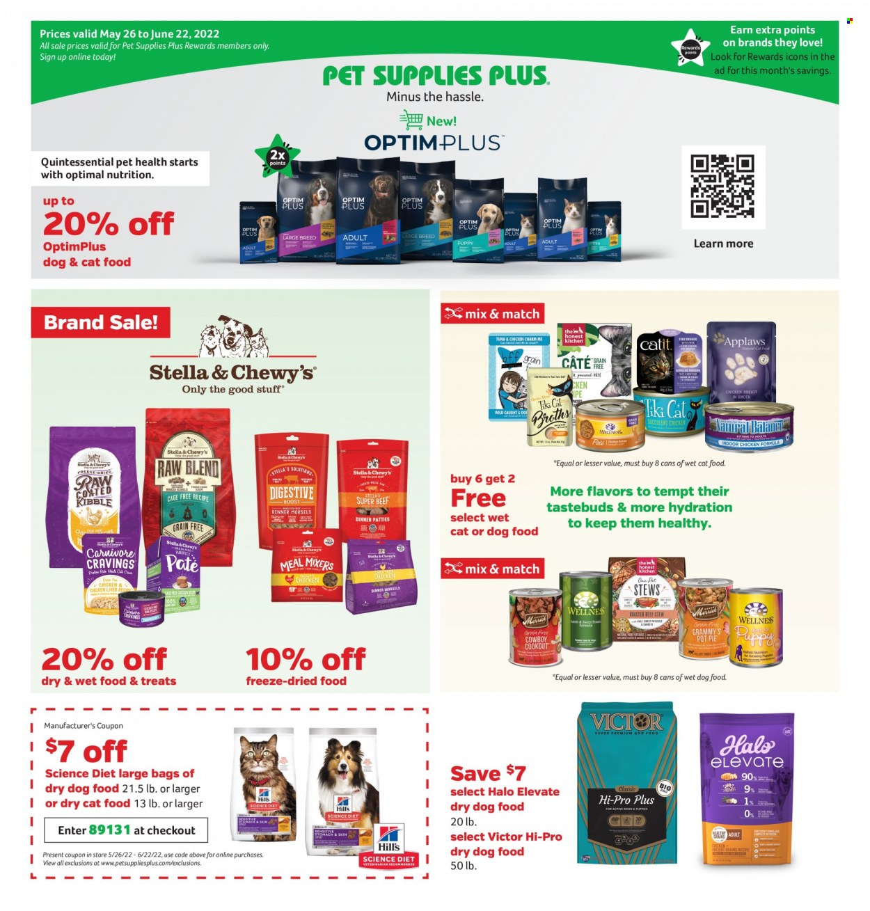 thumbnail - Pet Supplies Plus Flyer - 05/26/2022 - 06/22/2022 - Sales products - animal food, dry dog food, cat food, dog food, Science Diet, wet dog food, dry cat food, Victor, wet cat food. Page 1.