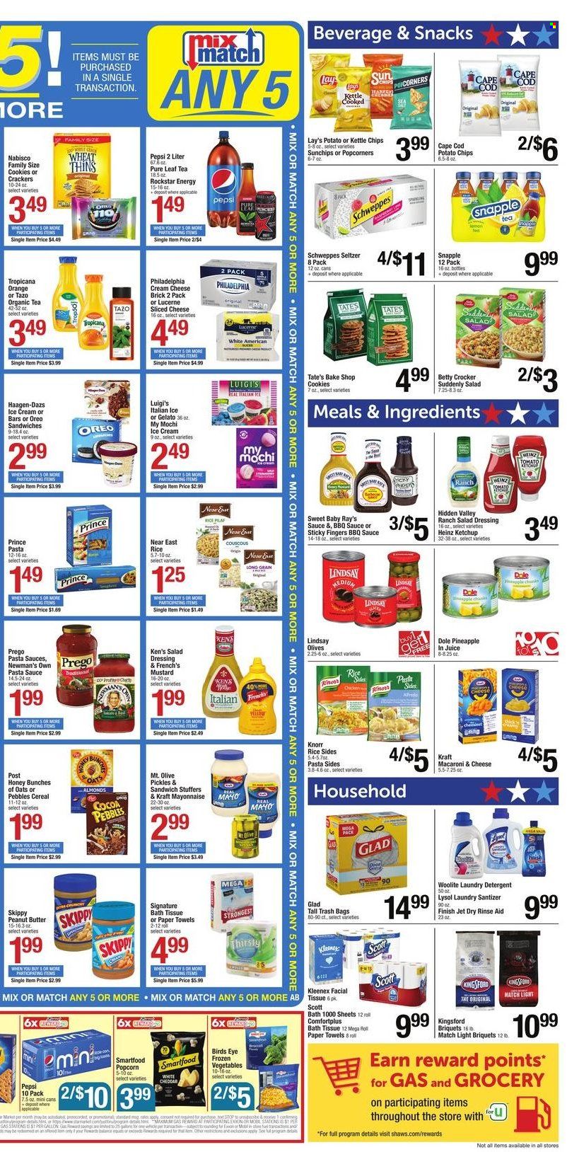 thumbnail - Shaw’s Flyer - 05/27/2022 - 06/02/2022 - Sales products - Dole, pineapple, oranges, cod, macaroni & cheese, pasta sauce, sandwich, Knorr, Bird's Eye, pasta sides, Kraft®, cream cheese, sliced cheese, Philadelphia, Oreo, mayonnaise, Häagen-Dazs, gelato, frozen vegetables, cookies, snack, crackers, potato chips, Lay’s, Smartfood, Thins, popcorn, Heinz, pickles, olives, cereals, couscous, rice, BBQ sauce, mustard, salad dressing, ketchup, dressing, peanut butter, Schweppes, Pepsi, juice, Snapple, Rockstar, seltzer water, tea, Pure Leaf, bath tissue, Kleenex, Scott, kitchen towels, paper towels, detergent, Lysol, Woolite, laundry detergent, Jet, bag, trash bags. Page 3.