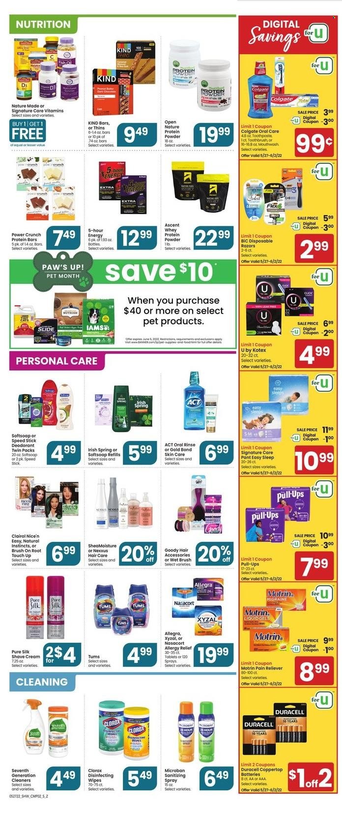 thumbnail - Shaw’s Flyer - 05/27/2022 - 06/02/2022 - Sales products - chocolate, dark chocolate, Thins, protein bar, oil, peanut butter, wipes, Clorox, Softsoap, Colgate, toothbrush, toothpaste, mouthwash, Kotex, Clairol, Nexxus, anti-perspirant, Speed Stick, deodorant, BIC, shave cream, disposable razor, battery, Duracell, Iams, Nutrish, fish oil, Nature Made, whey protein, allergy relief, Motrin. Page 6.