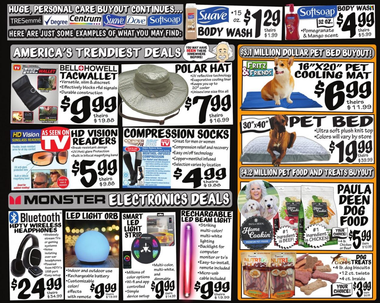 thumbnail - Ollie's Bargain Outlet Flyer - 05/26/2022 - 06/01/2022 - Sales products - body wash, Dove, Softsoap, Suave, rechargeable battery, animal food, pet bed, animal treats, dog food, dog biscuits, socks, compression stockings, hat, Monster, LED light, light strip, lighting, strap. Page 3.
