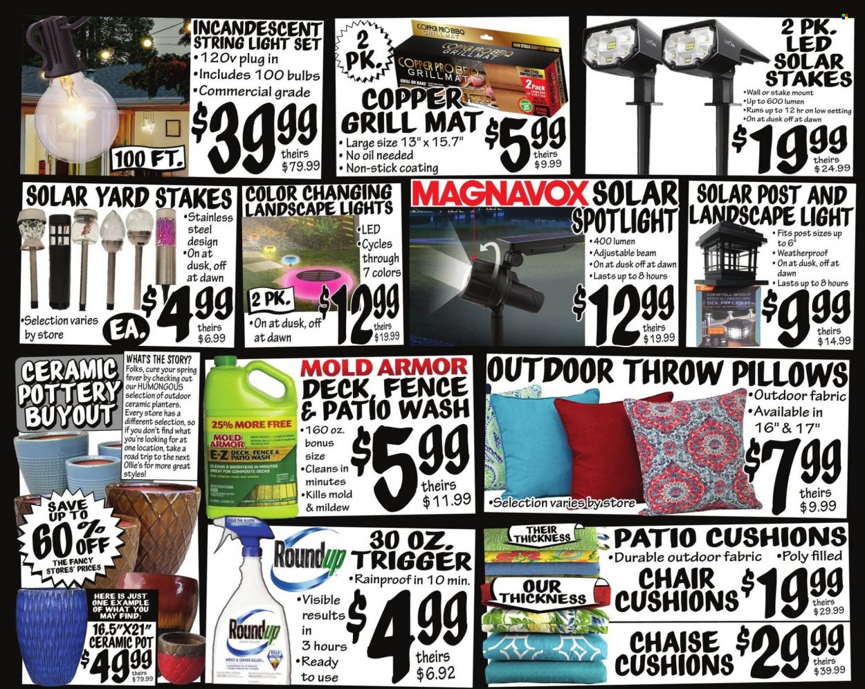 thumbnail - Ollie's Bargain Outlet Flyer - 05/26/2022 - 06/01/2022 - Sales products - oil, pot, bulb, spotlight, cushion, light set, solar light, string lights. Page 4.