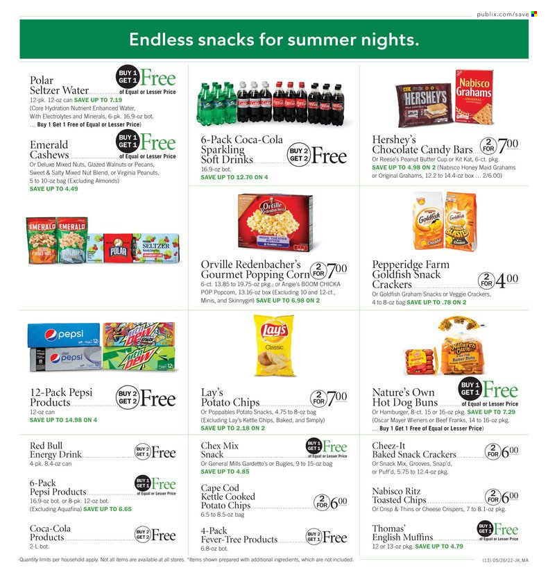 thumbnail - Publix Flyer - 05/26/2022 - 06/01/2022 - Sales products - english muffins, buns, corn, cod, hamburger, Oscar Mayer, Reese's, Hershey's, KitKat, crackers, peanut butter cups, chocolate candies, RITZ, potato chips, chips, Lay’s, Thins, Goldfish, Cheez-It, Chex Mix, Honey Maid, peanut butter, almonds, cashews, peanuts, pecans, mixed nuts, Coca-Cola, Pepsi, energy drink, soft drink, Red Bull, seltzer water, Nature's Own. Page 13.
