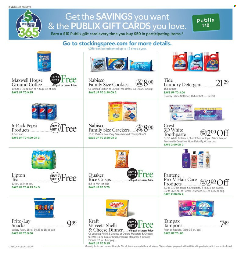 thumbnail - Publix Flyer - 05/26/2022 - 06/01/2022 - Sales products - macaroni & cheese, Quaker, Kraft®, Oreo, cookies, snack, crackers, Thins, Frito-Lay, rice crisps, rice, Pepsi, Lipton, Maxwell House, tea, coffee, ground coffee, coffee capsules, K-Cups, detergent, Tide, fabric softener, laundry detergent, Downy Laundry, toothpaste, Crest, Tampax, tampons, Aussie, Head & Shoulders, Pantene, Herbal Essences. Page 20.