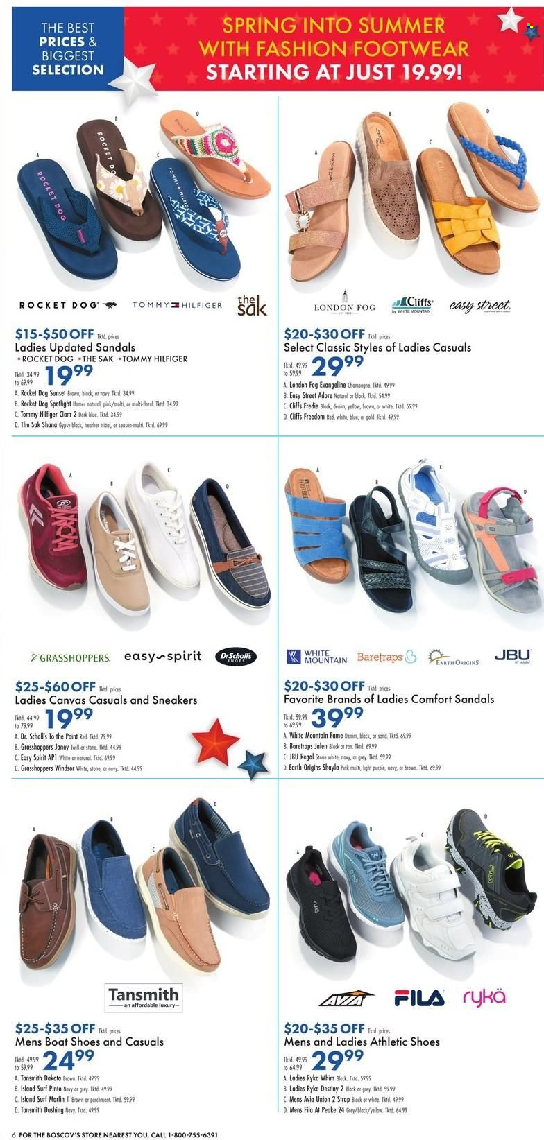 thumbnail - Boscov's Flyer - 05/26/2022 - 06/01/2022 - Sales products - Fila, sandals, shoes, sneakers, Dr. Scholl's, Tommy Hilfiger, Baretraps, athletic shoes, Ryka, canvas, spotlight. Page 6.